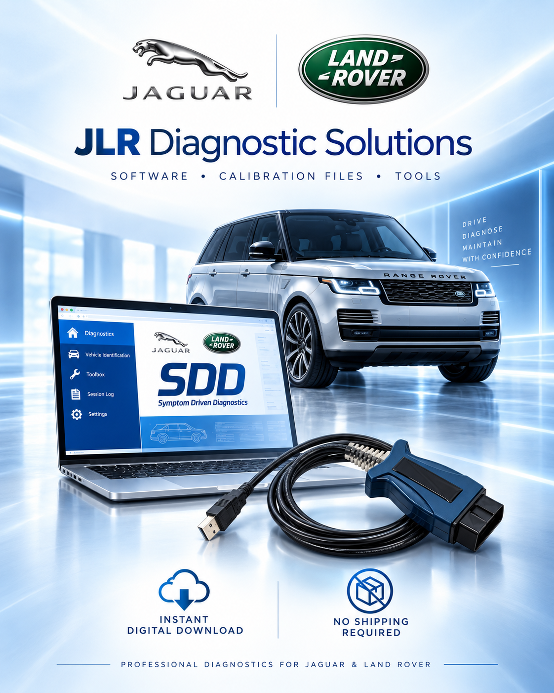 A promotional poster for JLR Diagnostic Solutions for Jaguar and Land Rover cars. It features a Range Rover vehicle, a laptop displaying diagnostic software, and a diagnostic tool. There are icons indicating instant digital download and no shipping required.