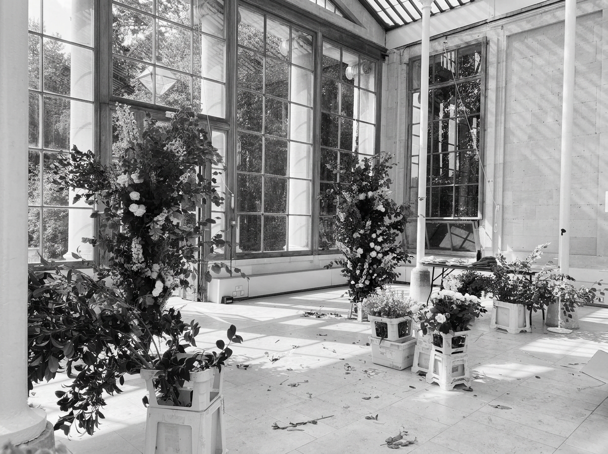 A bright indoor space with large windows and potted plants and flowers, some on small stools and tables, bathed in sunlight.