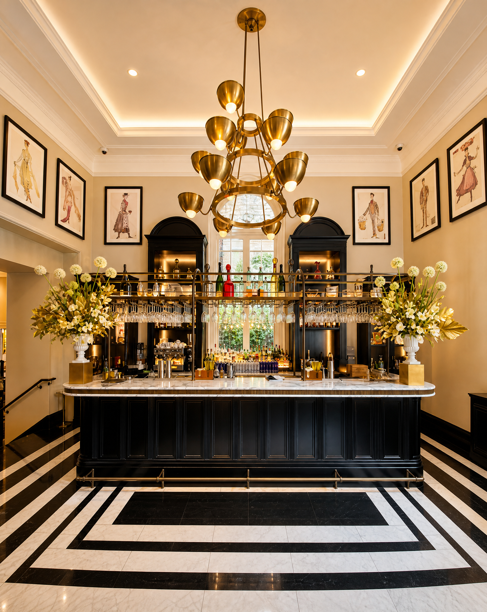 Elegant bar with black cabinetry, marble countertop, and a chandelier with gold fixtures. Framed vintage fashion illustrations adorn cream walls. Large window and floral arrangements visible in the background.