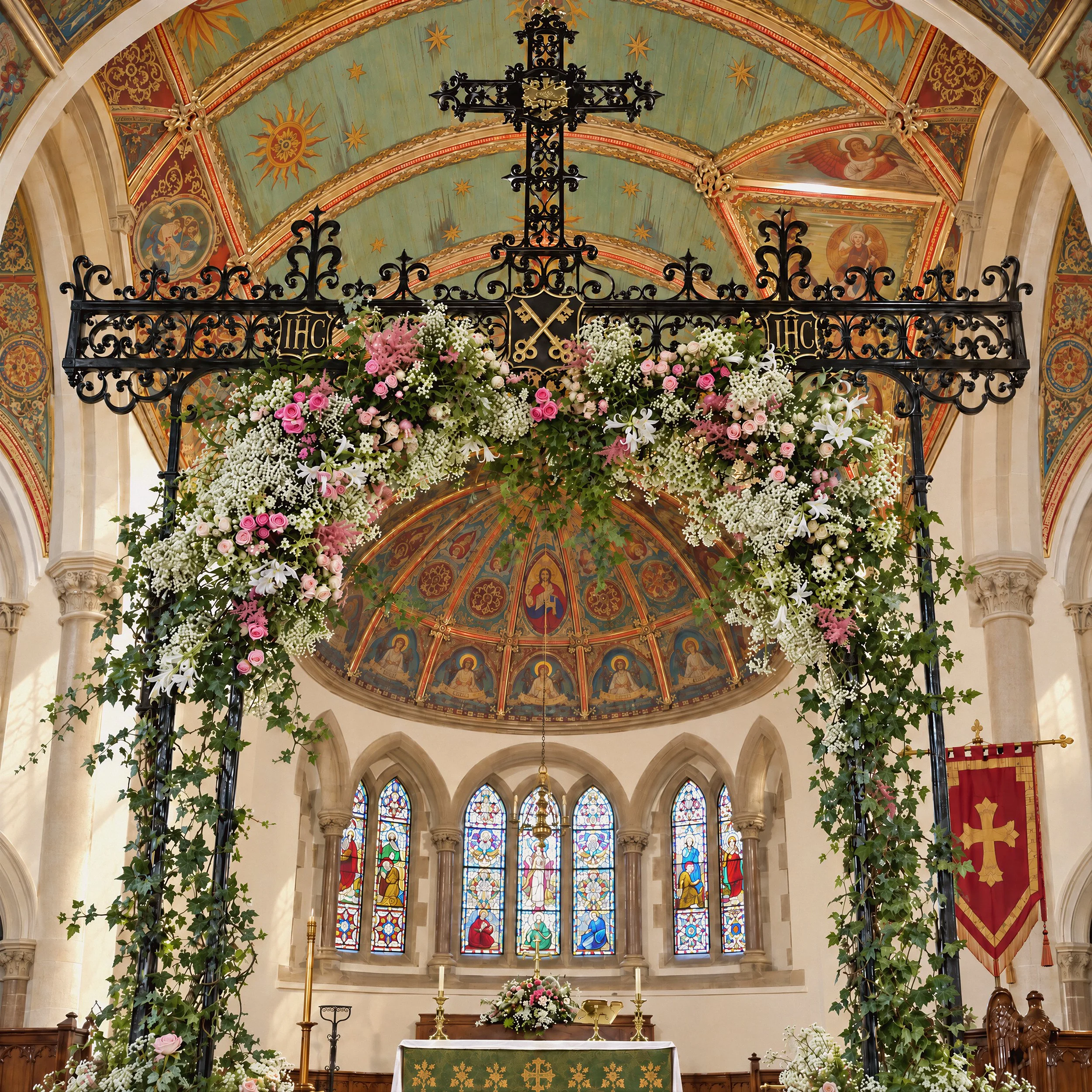 Bespoke arch church flowers in church by Nicky