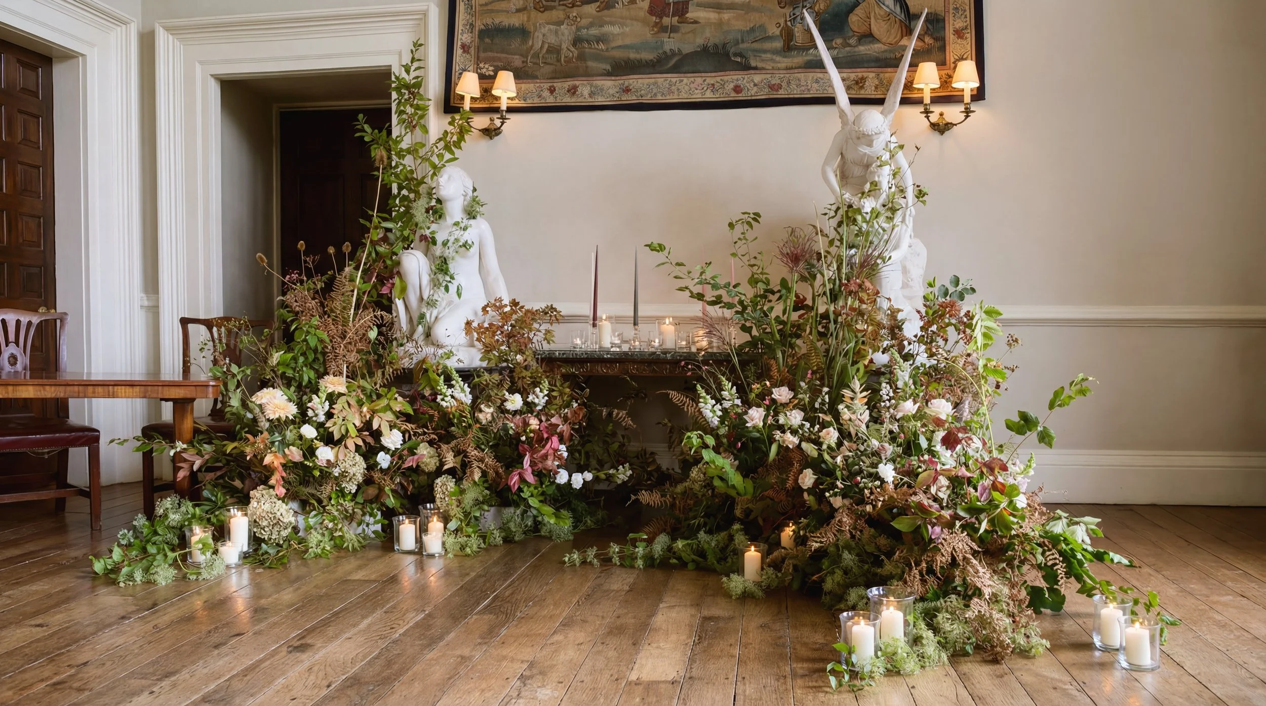 wonderfully wild floral display for wedding couple. Wild flowers and ferns with statues and candles
