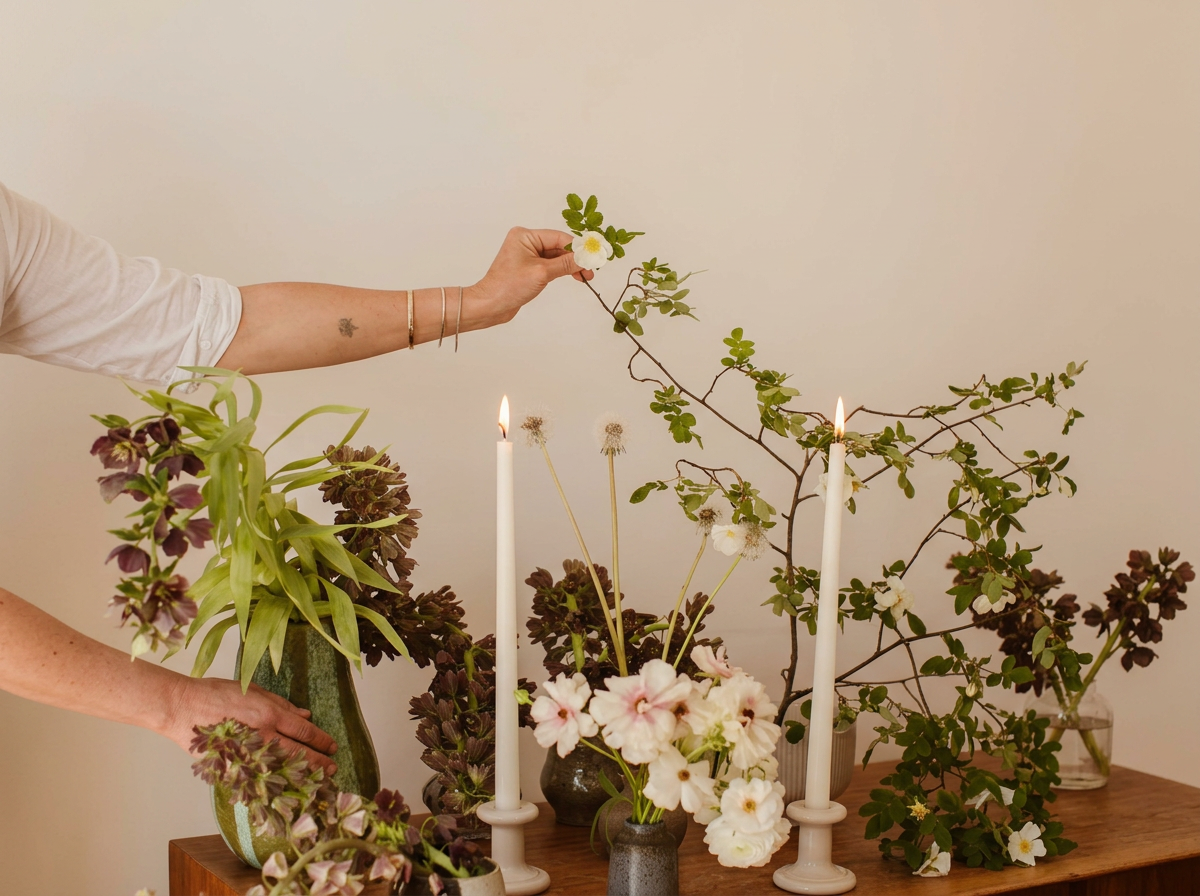 florist holding little wild rose flowers in between fingers