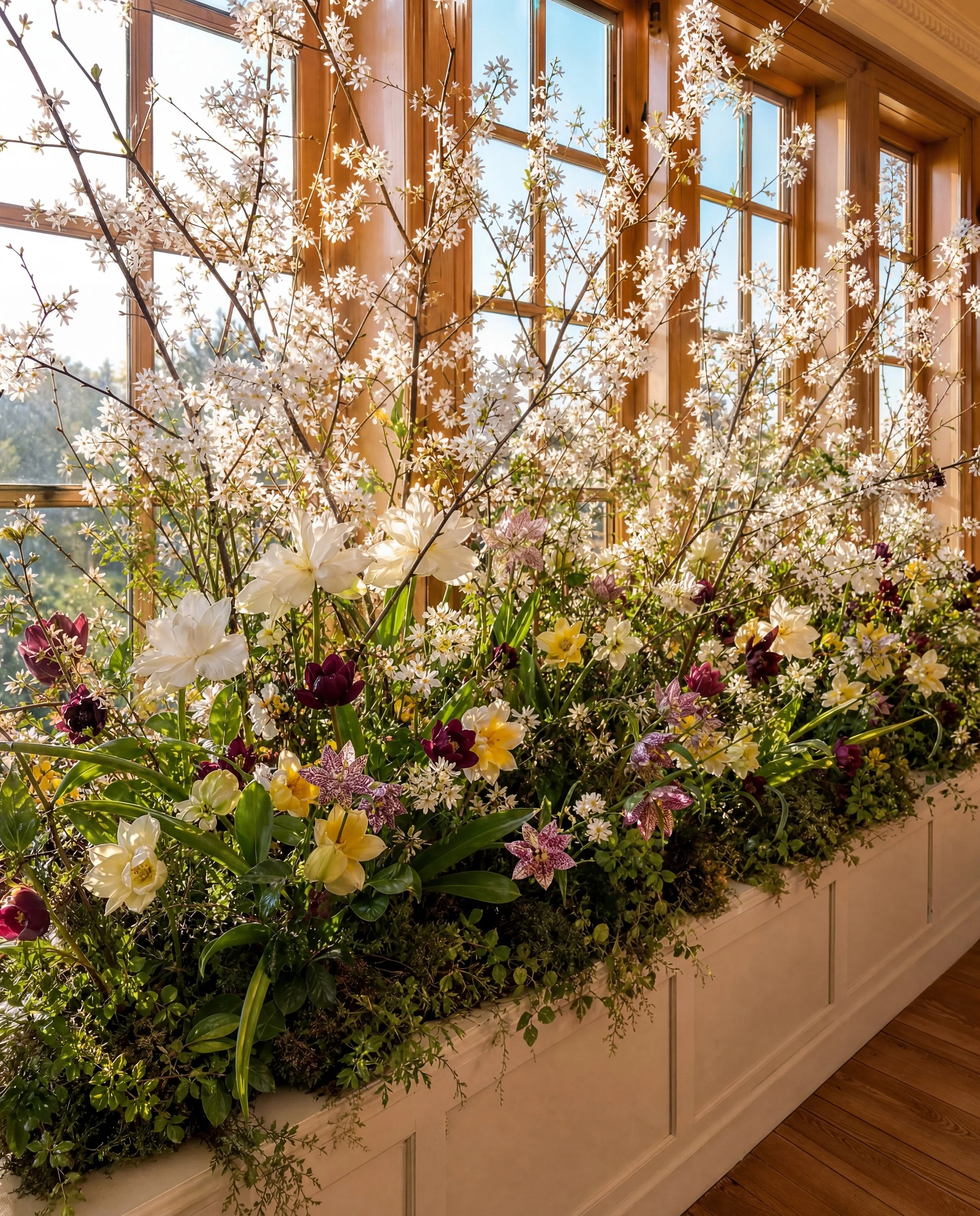 Interior window with white flowering branches and other colorful flowers on windowsill, wooden wall panels, and hardwood floor.