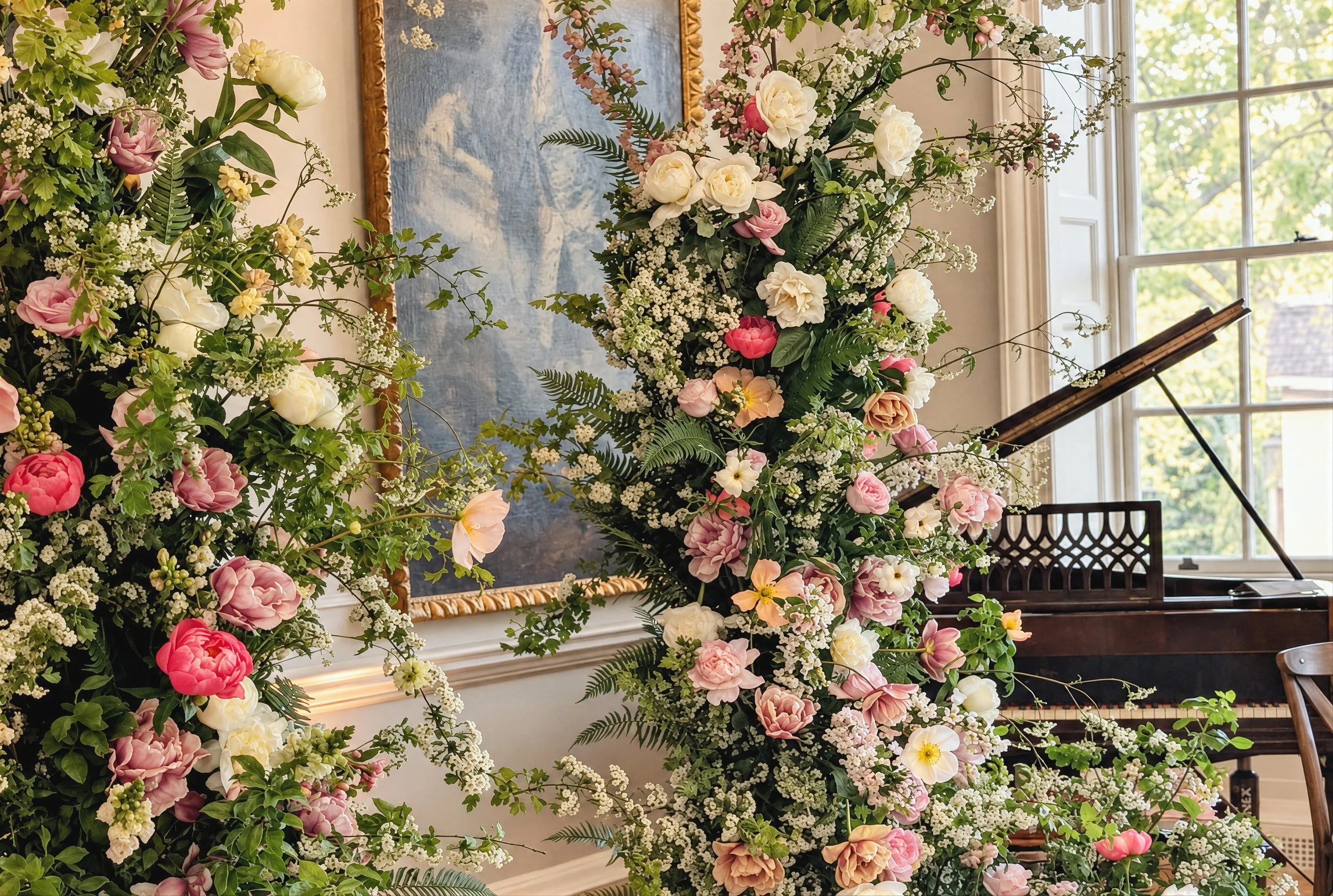 A large floral arrangement of white, pink, and peach flowers with green foliage in front of a building with large windows and a grand piano inside, with a painting on the wall.