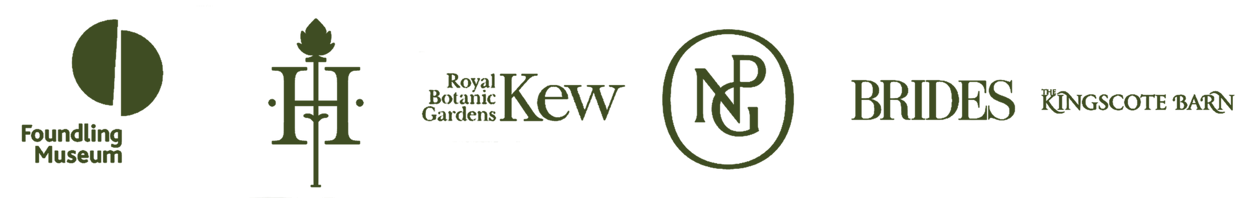 Logos of the Foundling Museum, Hyde house, Royal Botanic Gardens Kew, and Kingscote Barn, all in green.