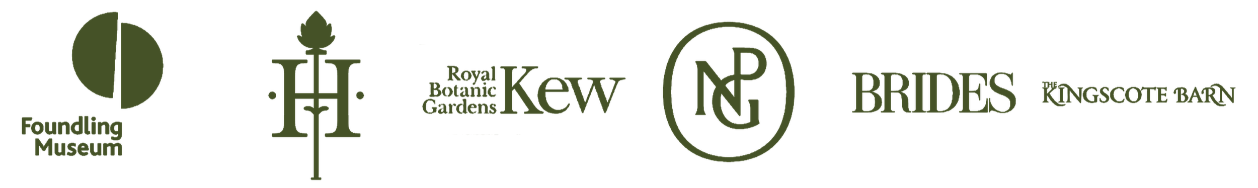 Logos of various institutions including the Foundling museum,  Hyde house, Royal Botanic Gardens Kew, and Kingscote Barn.