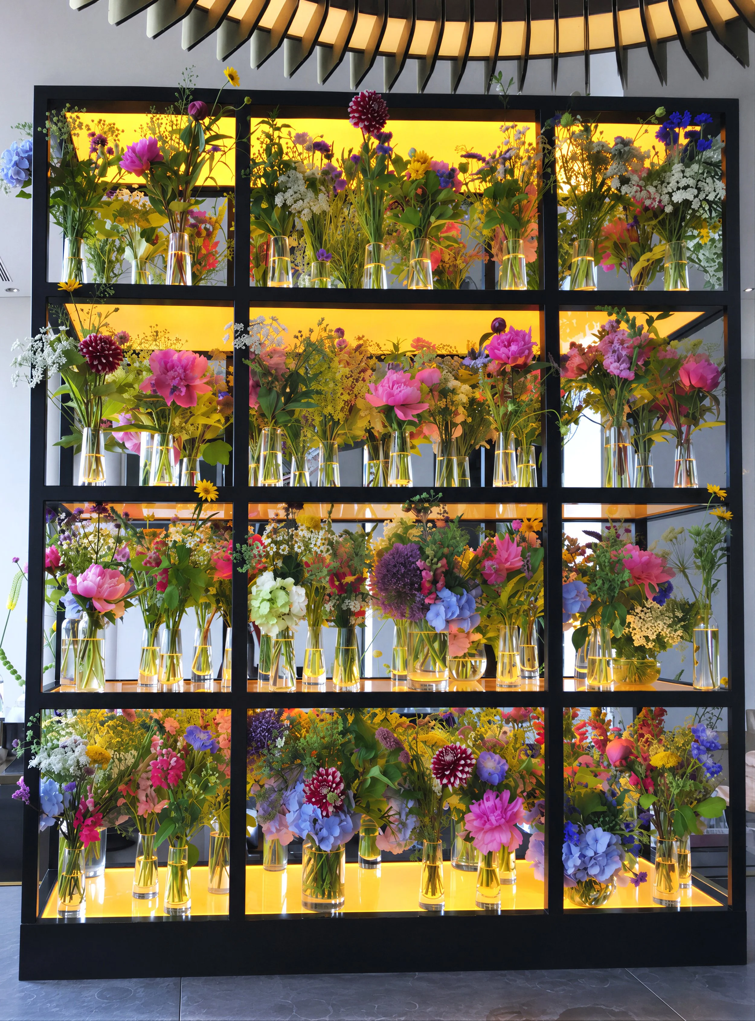 A display of colorful flowers in vases arranged on a black multi-level shelf with yellow backlighting.