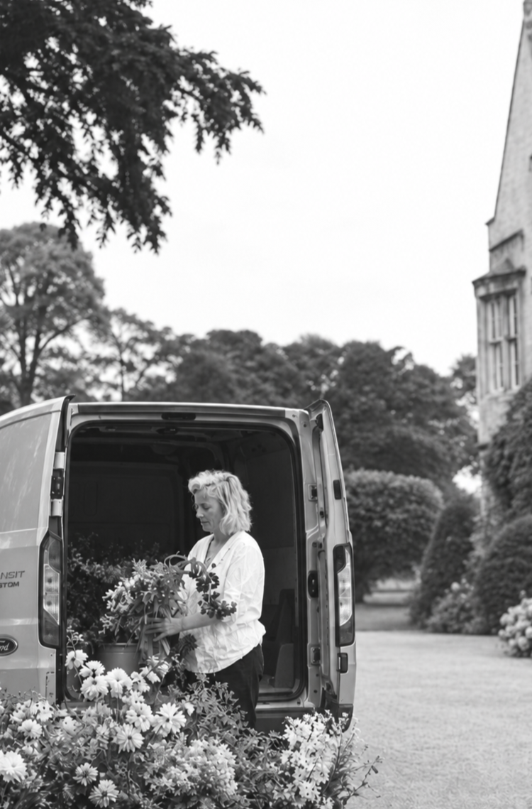 A woman arranging flowers in a van outdoors with trees and a building in the background.