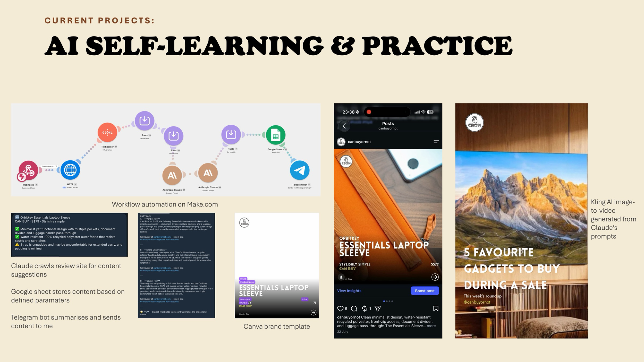  collage of images showing AI self-learning workflow diagram, social media post, product branding template, and a blog article about buying gadgets during a sale.
