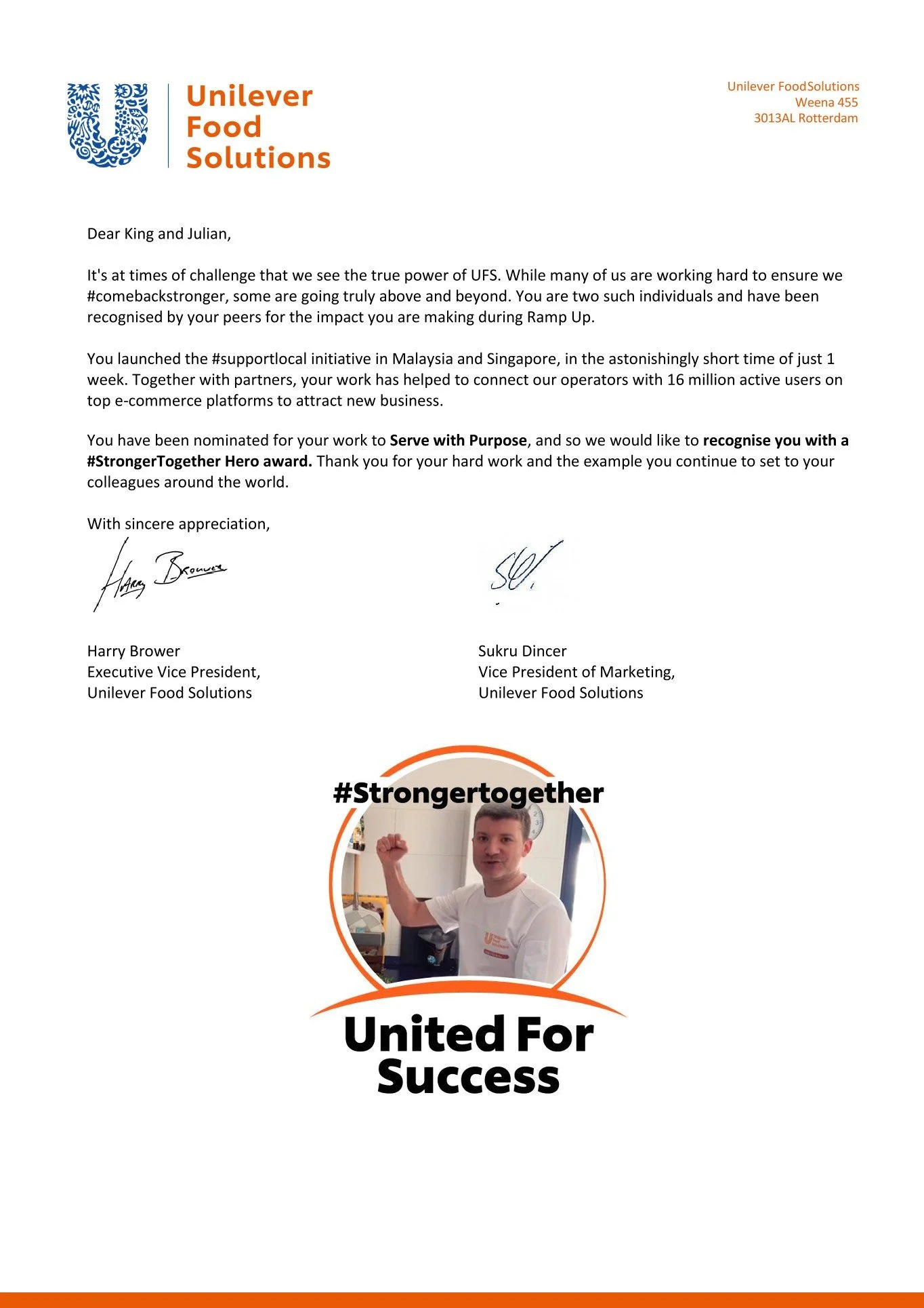 Letter from Unilever Food Solutions recognizing Julian Song for his impactful work and dedication.