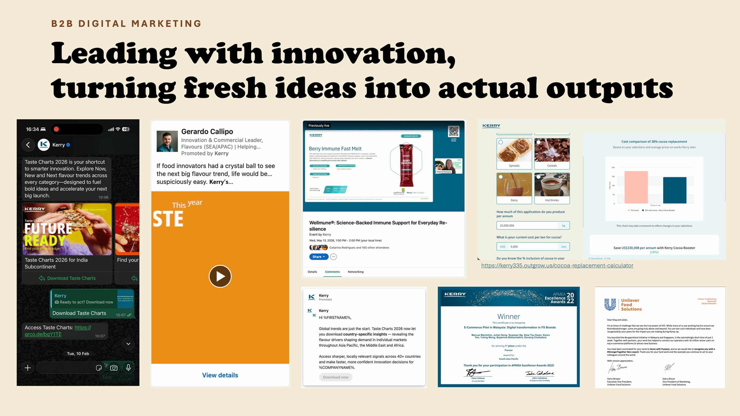 Collection of digital marketing and business presentation screens, including a mobile app interface, a webinar invite, analytics charts, a certificate, and promotional messages.