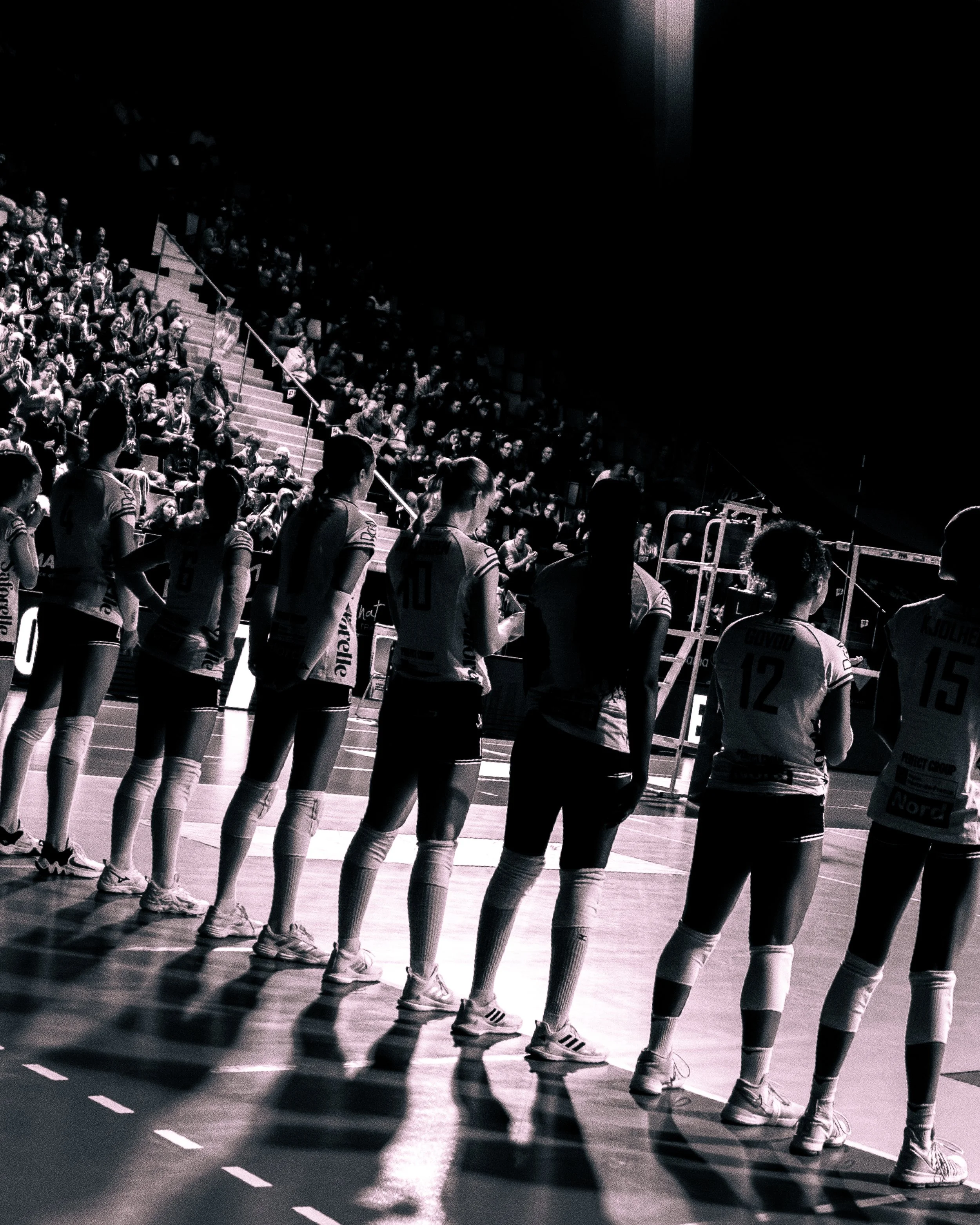 Une équipe de volley-ball féminine debout en formation, regardant vers l'avant, dans une salle de sport avec un public en arrière-plan.