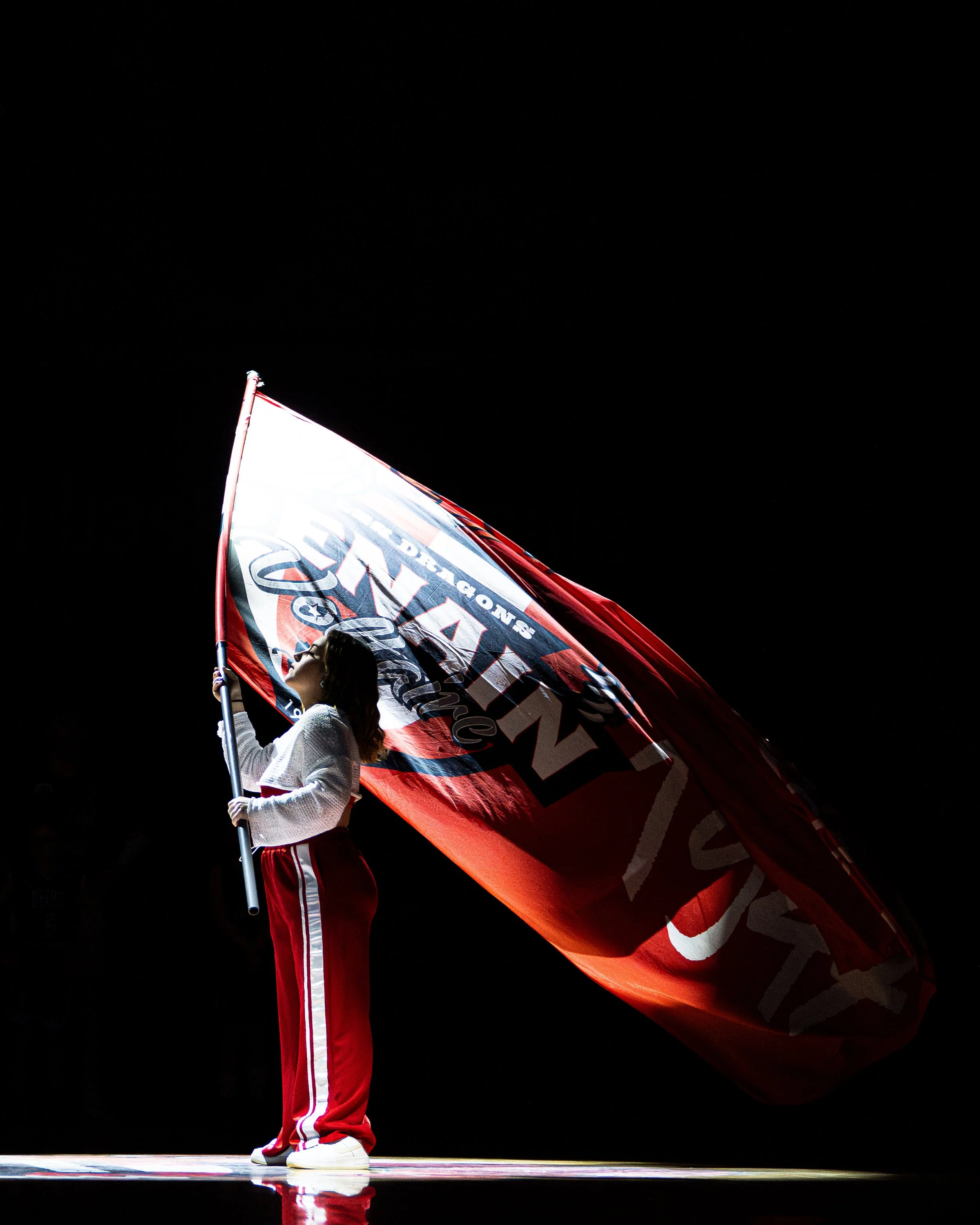Une femme debout sur scène en tenue de sport, tenant un drapeau rouge, blanc et noir avec le logo NASCAR. La scène est sombre avec un éclairage mettant en valeur la femme et le drapeau.