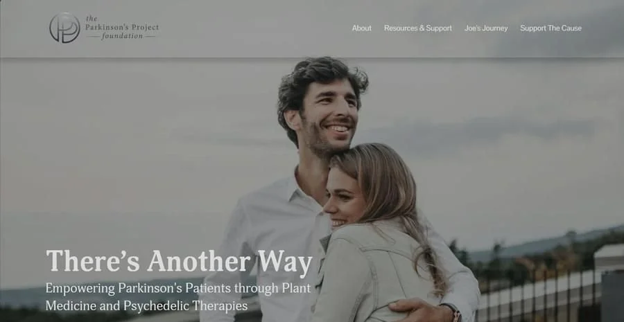 A man and woman hugging outdoors, smiling, with a cloudy sky and distant landscape in the background, on a website for the Parkinson's Project Foundation.