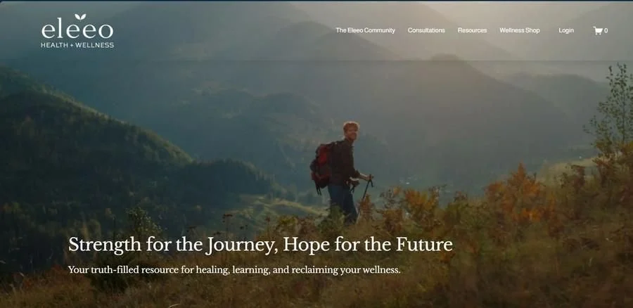 A person hiking in a mountainous landscape during sunrise or sunset, carrying a backpack and a trekking pole, with trees and hills in the background.
