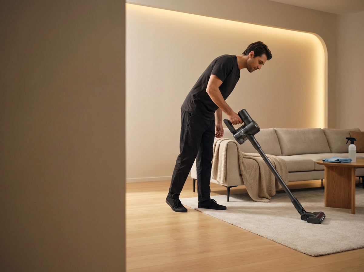 A man vacuuming a living room with a cordless stick vacuum cleaner.