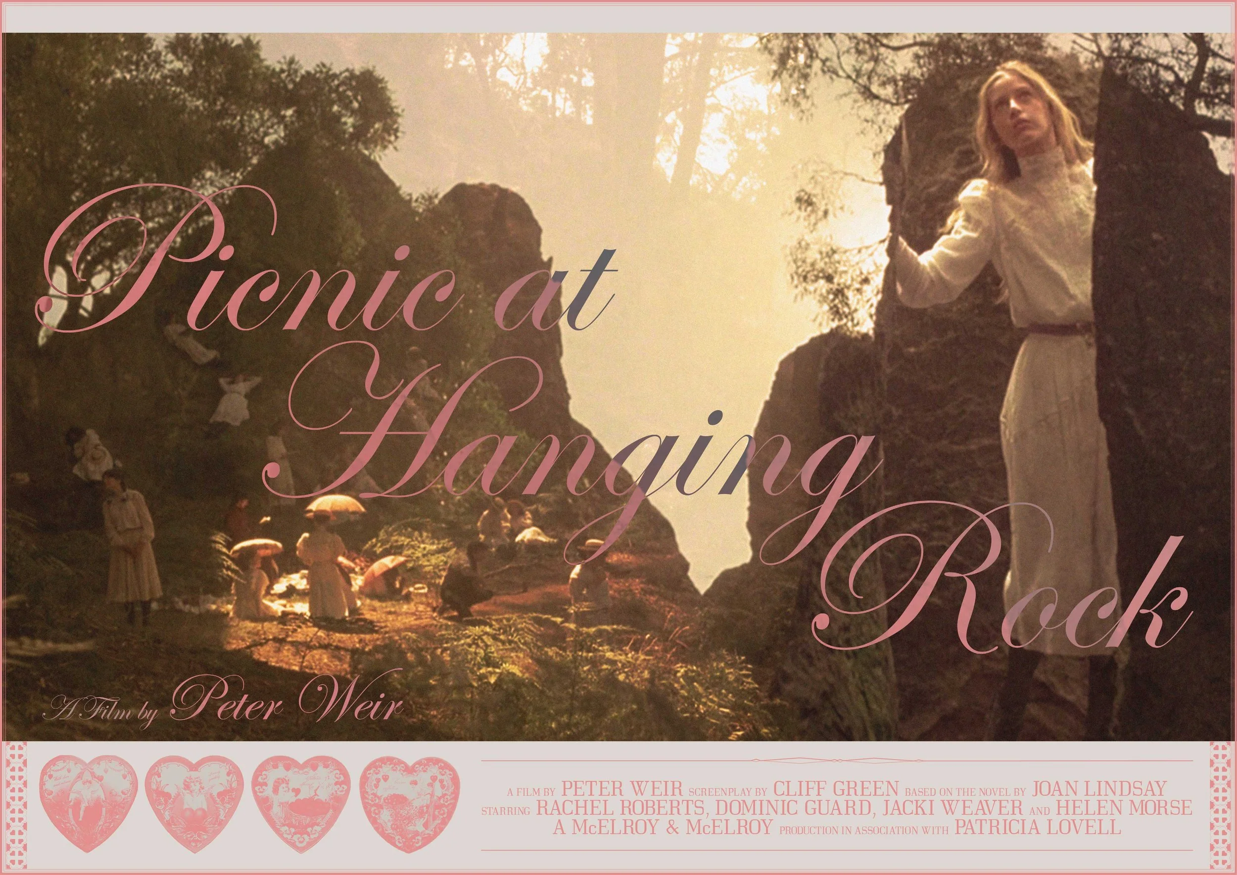 Vintage film poster for Picnic at Hanging Rock, showing women in white dresses gathered among sunlit rock formations and featuring cast and production credits.