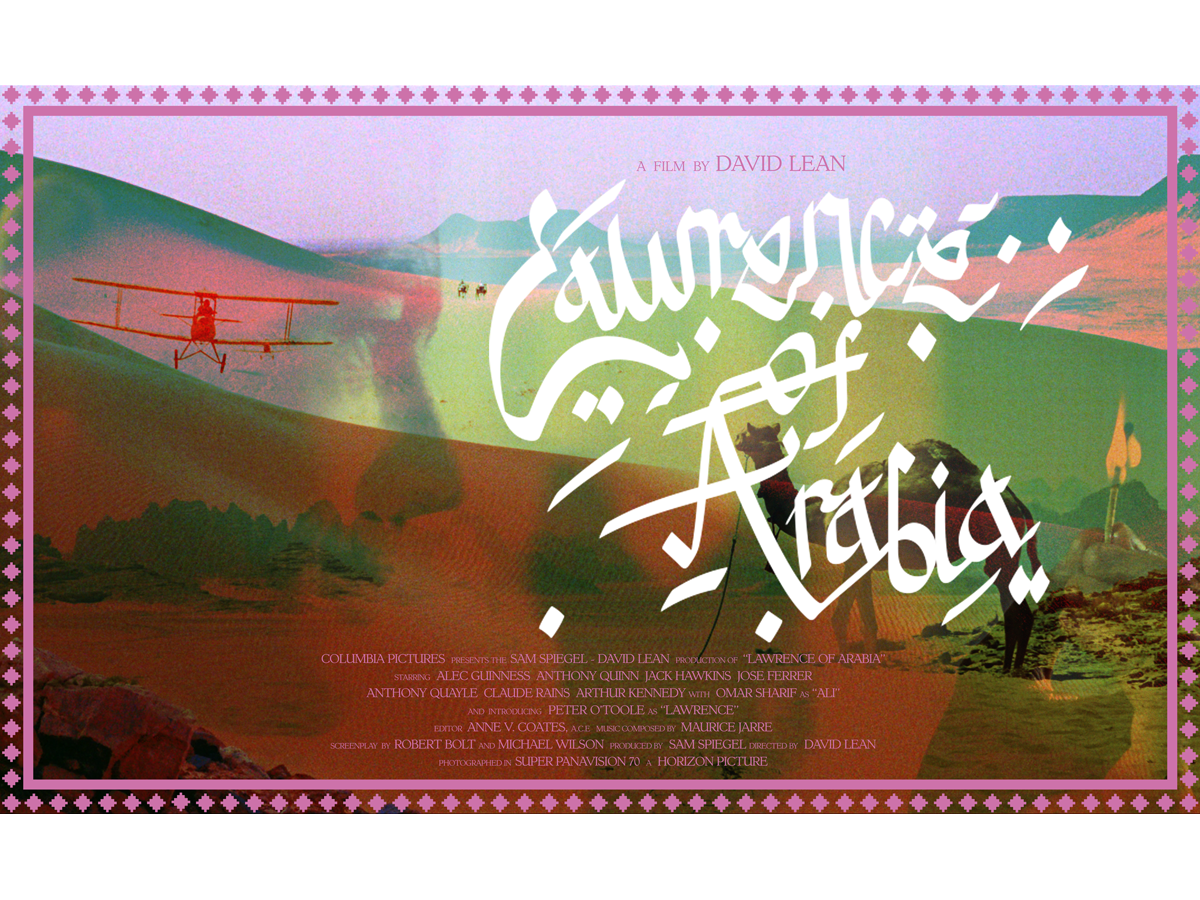 Stylized vintage poster for the film Lawrence of Arabia, featuring desert mountains, a biplane, and ornate white Arabic-inspired lettering.