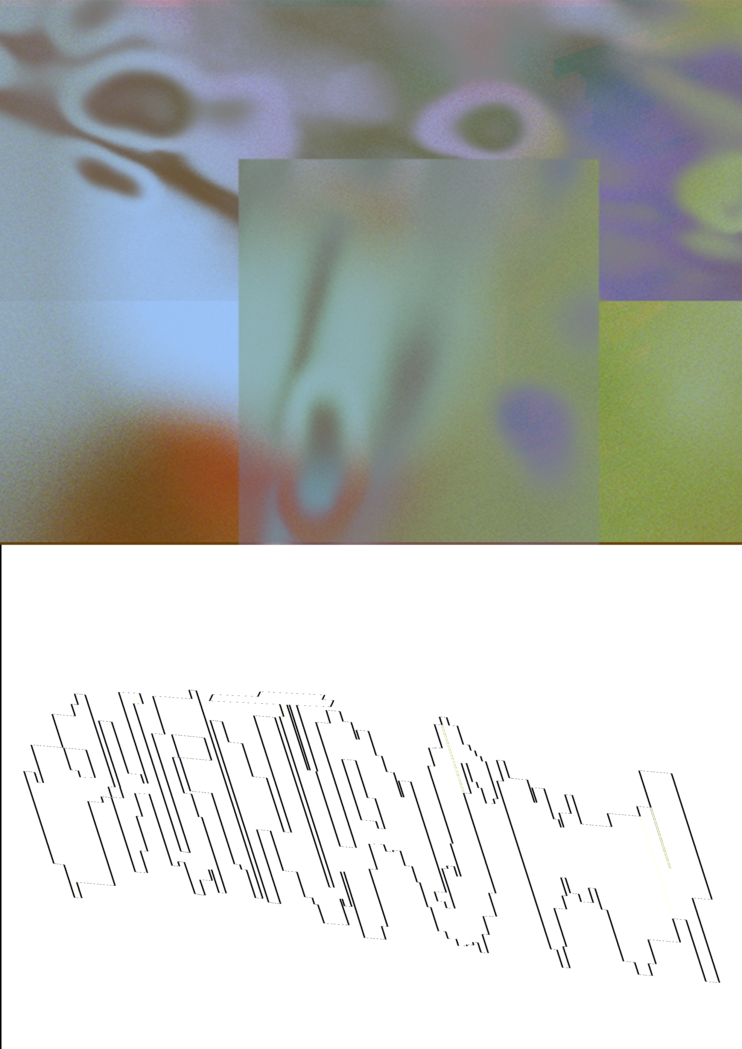 Abstract distorted image with pastel colors, blurred shapes, and fragmented black line patterns