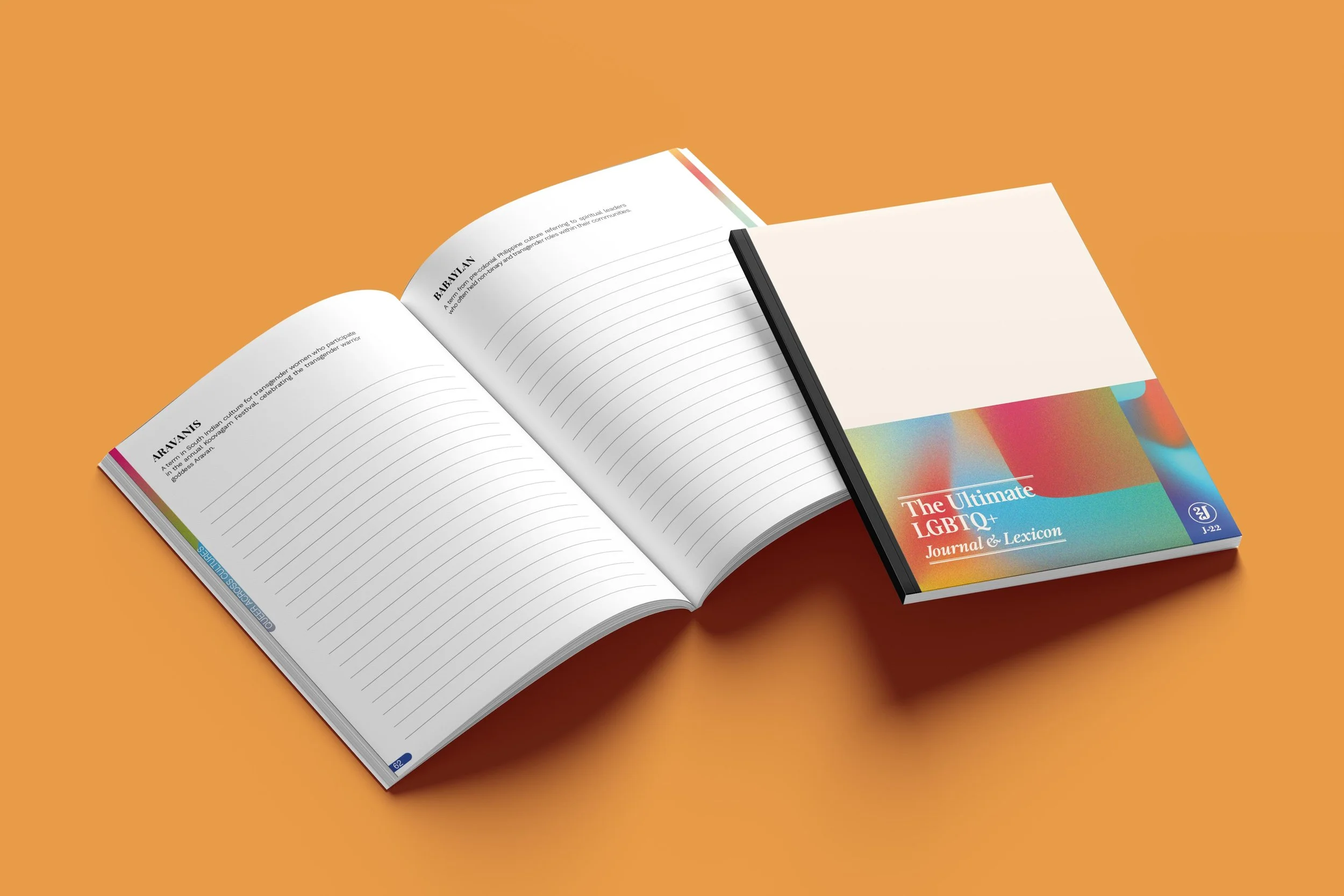 Open LGBTQ+ journal and lexicon showing entries for Aravanis and Babaylan on an orange background
