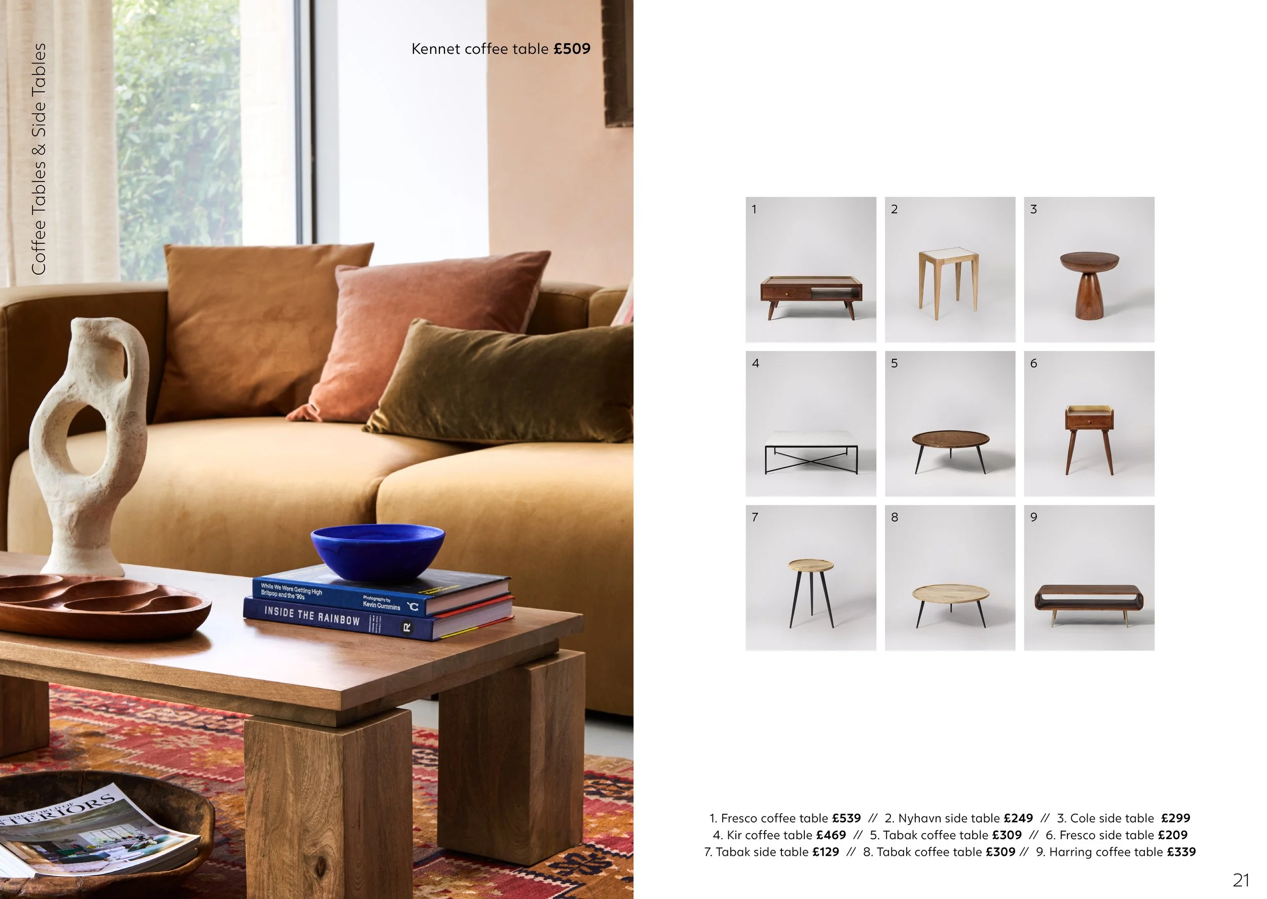 Living room with a wooden coffee table, sofa, decor, and a catalog grid of coffee and side tables with prices.
