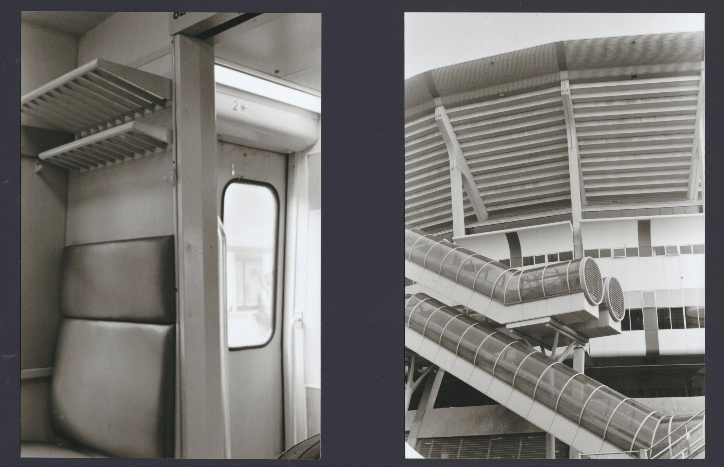 Black-and-white diptych showing an empty train interior with luggage racks and a modern building atrium with enclosed escalators.