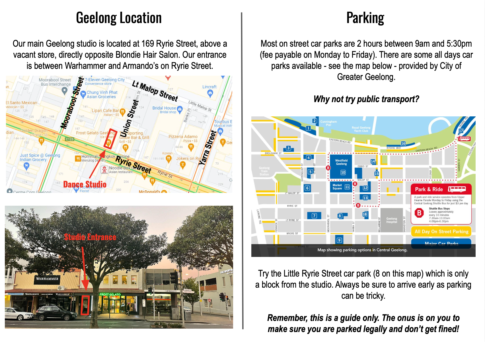 Map and photo guide to Geelong, Australia. The map shows parking options, streets, and landmarks like the Geelong train station and the Westfield shopping center. The photo depicts the studio entrance beneath a tree with labeled shopfronts, including Warhammer and Frost Gelato.