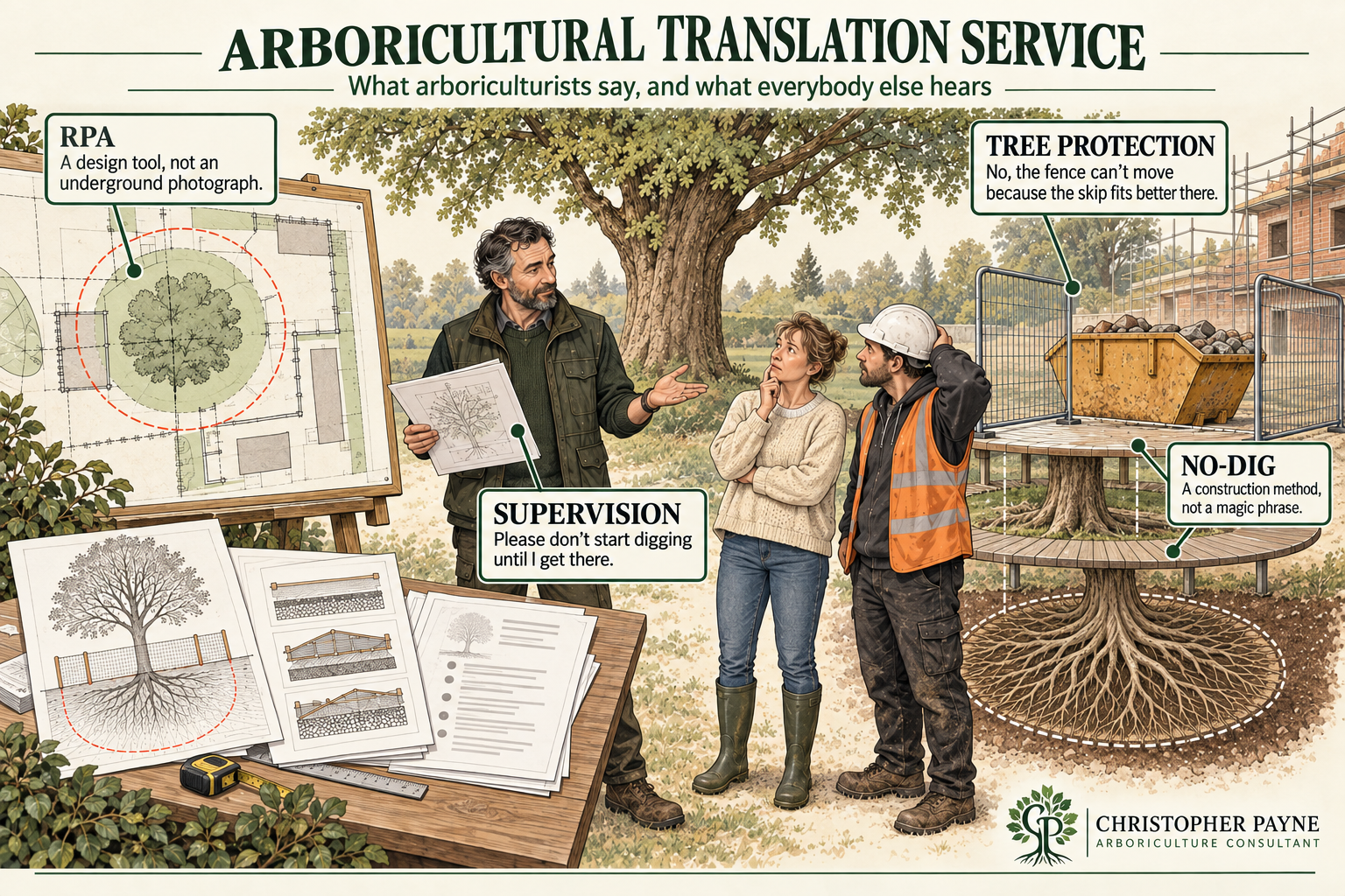 Illustration of an arboricultural consultation with a supervisor explaining tree planting to a woman and a construction worker. The scene includes a tree protection fence, a construction site, and detailed planting plans on a table.