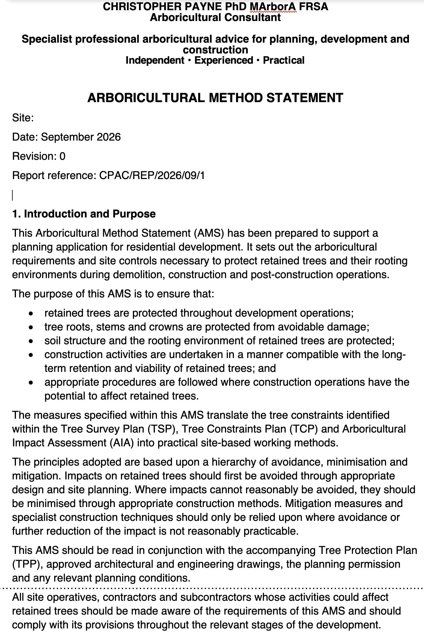 Document titled 'ARBOCICULTURAL METHOD STATEMENT' authored by Christopher Payne, a professional arboricultural consultant. The document includes sections on site details, date, revision, report reference, and discusses arboricultural principles, site controls, tree protection, construction impact, and planning for protective measures in construction projects.