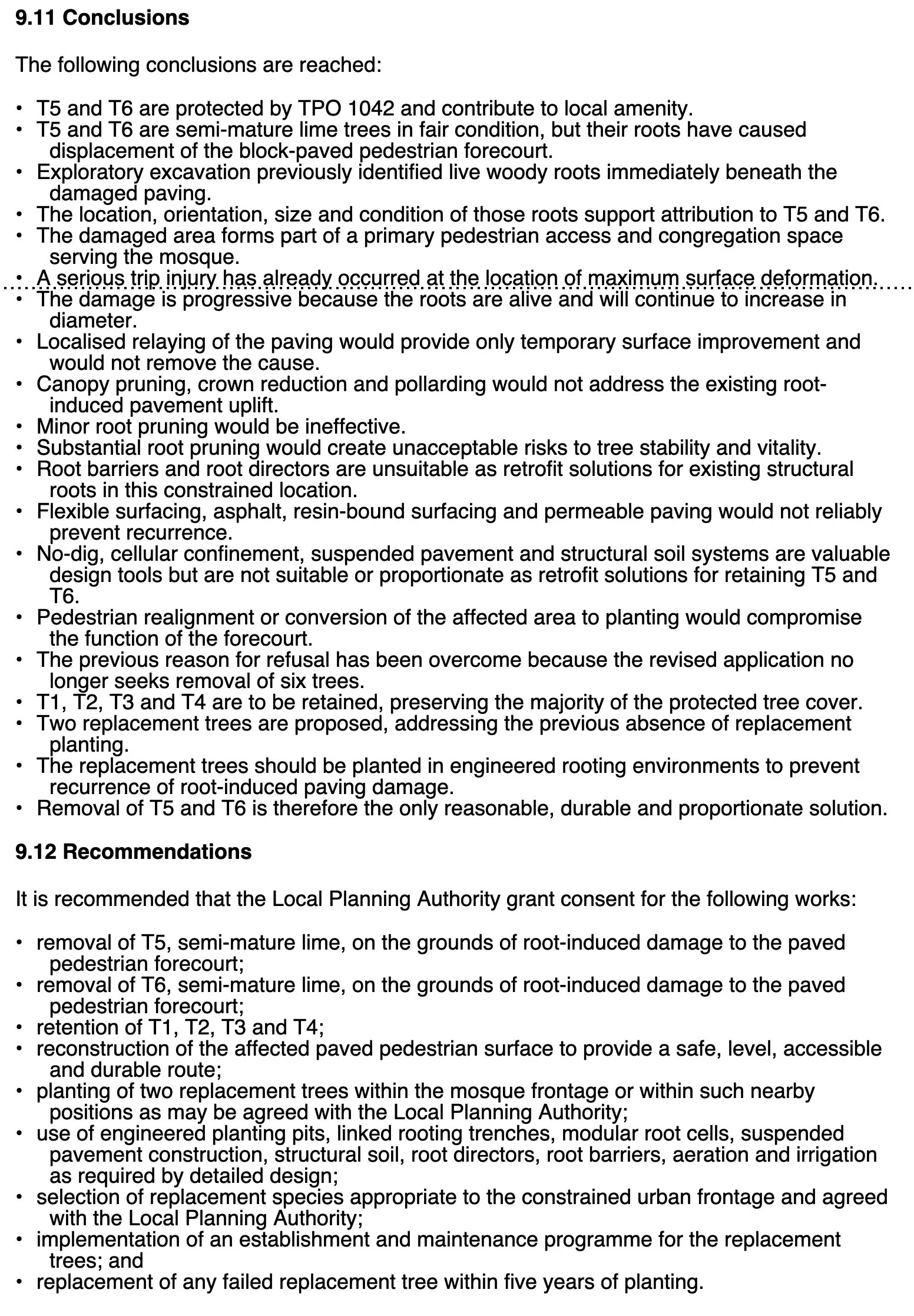 Close-up of a printed document titled '9.11 Conclusions' and '9.12 Recommendations,' containing detailed text about tree protection, root excavation, and construction guidelines.
