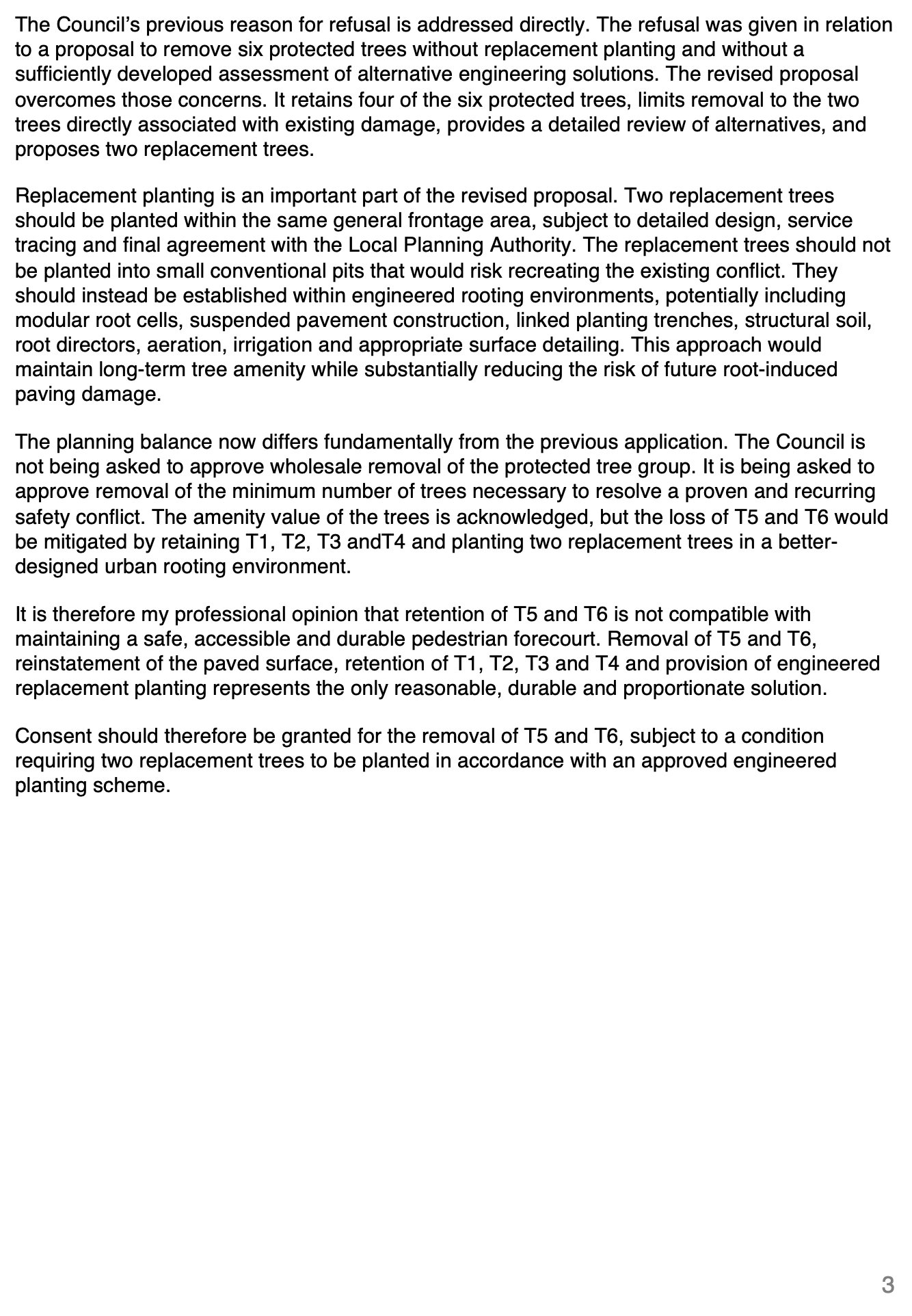 Typed document containing text about removal and replacement of protected trees, planning proposals, and environmental considerations.