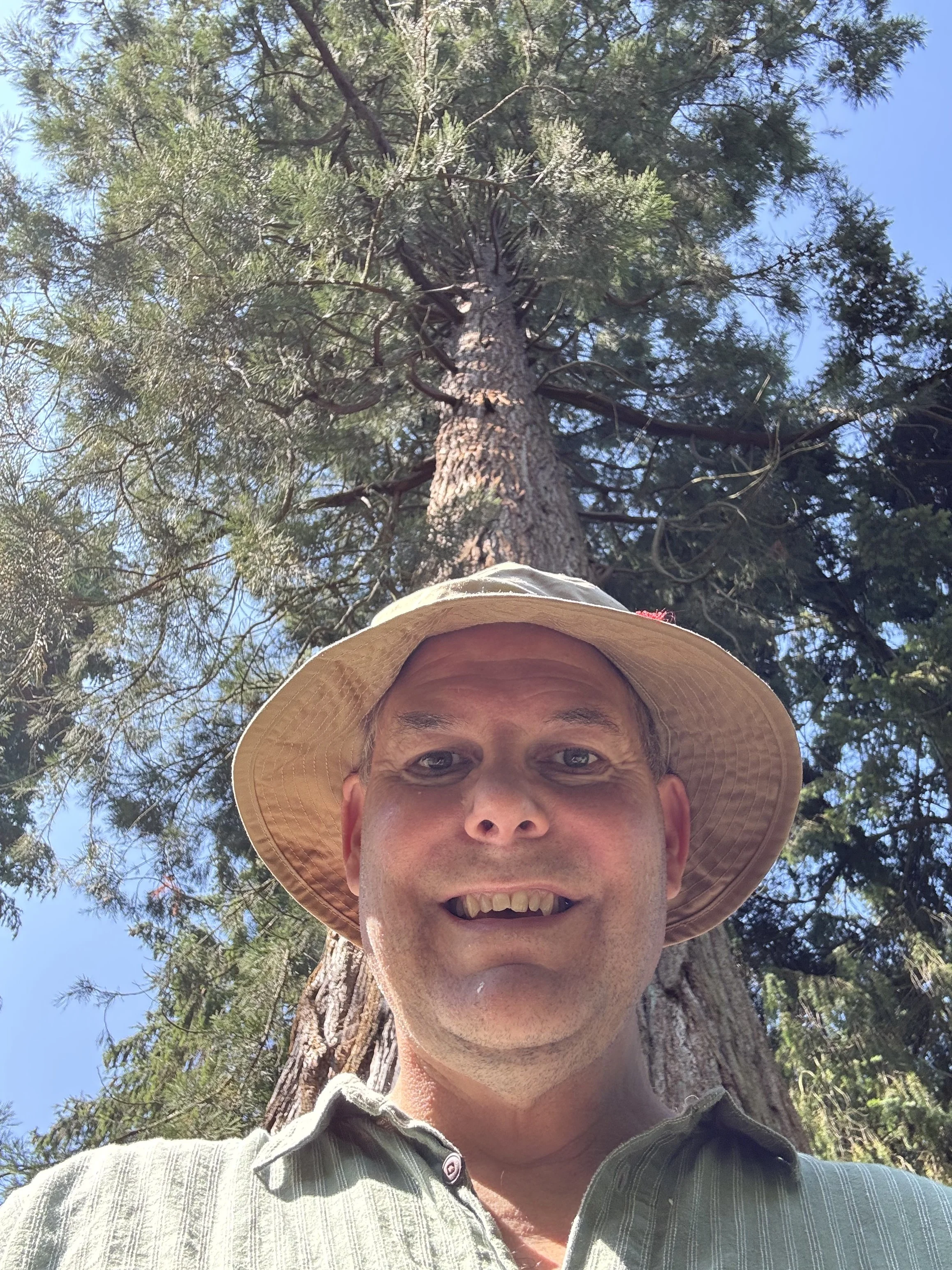 A man in a hat smiling for a selfie in front of a tall tree with green foliage and blue sky in the background.