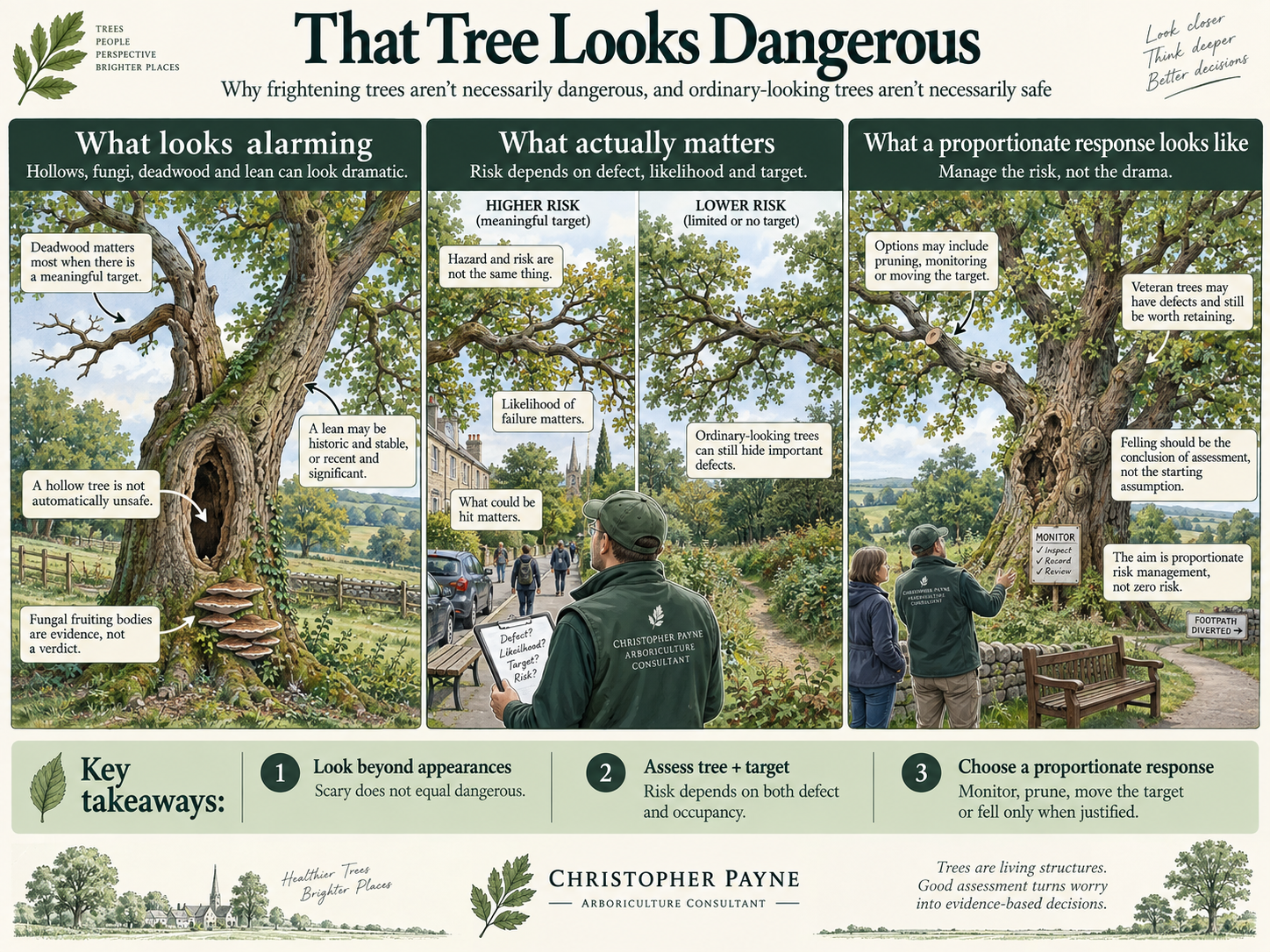 An informational infographic titled "That Tree Looks Dangerous" showing how to assess the risk of trees. It compares what looks alarming, what actually matters, and proportional responses with images of a hollow tree, people inspecting a tree, and a tree with a fracture. Key points include not solely judging trees by appearances, assessing both defect and target, and monitoring or pruning as appropriate.