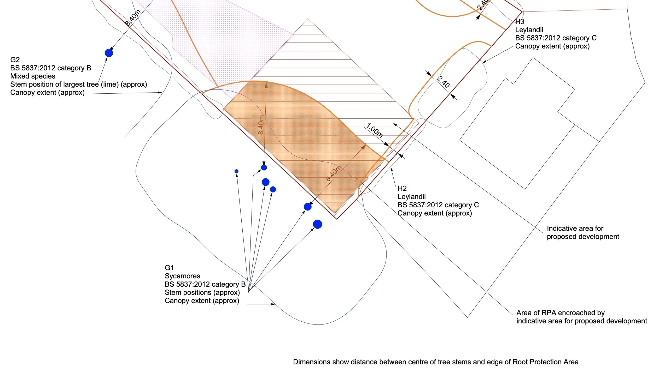 A detailed site plan with numbered areas, measurements, trees marked with blue dots, and labels indicating tree species, categories, and canopy extents. Shows proposed development zones and canopies.