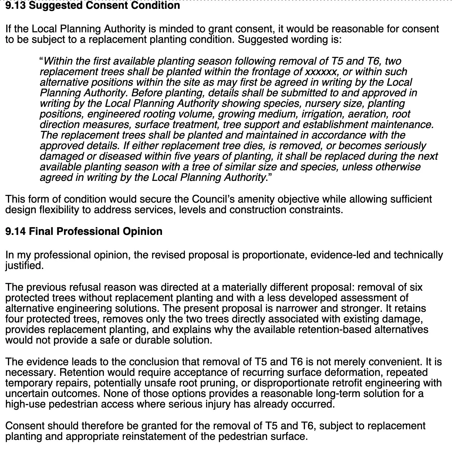 A section of a document discussing a suggested consent condition for planting replacement trees after removal of certain trees, including detailed guidelines and procedures.