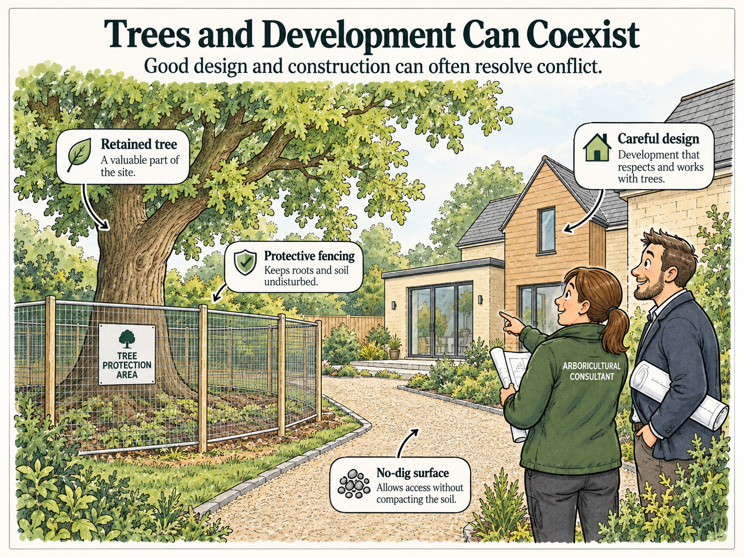 Illustration of a backyard with a large tree enclosed by a protective fence, demonstrating good design practices for coexistence with trees. Features include retained tree, protective fencing, no-dig surface, and careful design of development respecting the tree.