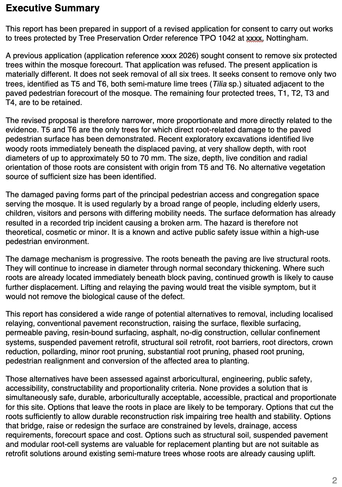 An excerpt of an academic or technical report titled 'Executive Summary,' discussing tree preservation, removal procedures, root damage, and various construction and landscaping alternatives.