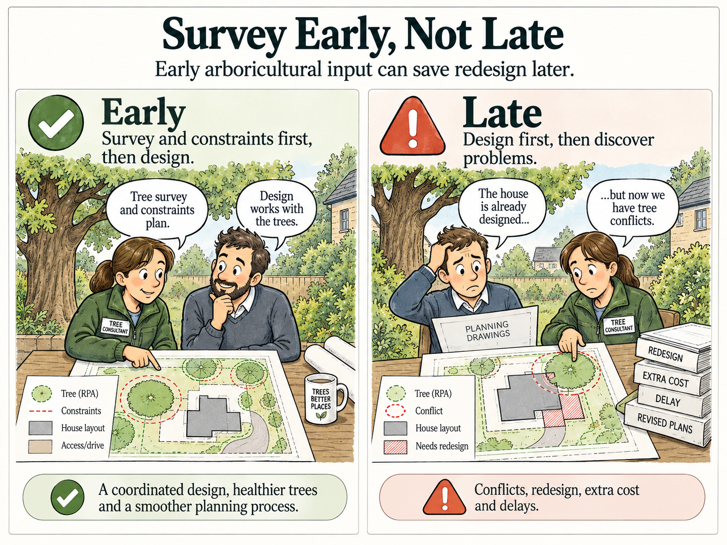 Comparison of early and late arboricultural planning for a house project. The early side shows a tree survey plan with healthy trees, constraints, house layout, and access; the late side shows conflicts, redesign, and associated delays with a house already designed, demonstrating the benefits of planning early.