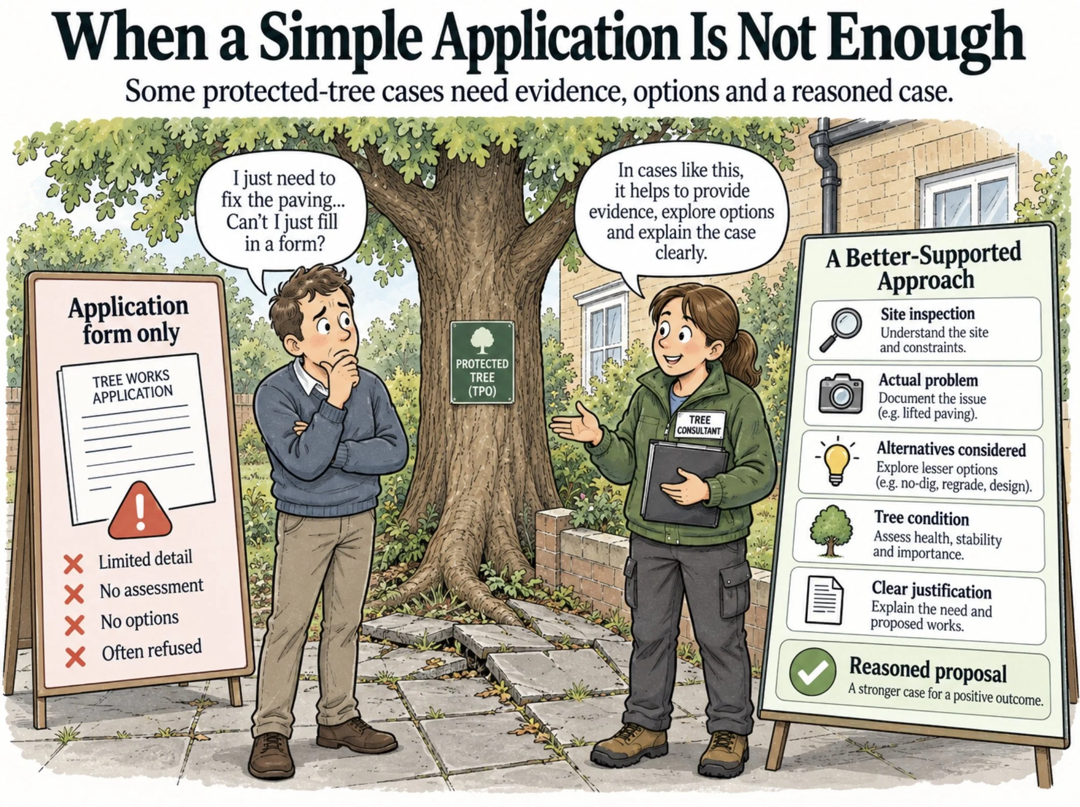 Illustration of two people discussing tree protection. One person, a man, appears concerned, standing near a large tree with a sign that says 'PROTECTED TREE (TPO)'. The other person, a woman, is a tree consultant holding a clipboard, explaining the importance of evidence and options in tree protection. An information board and a sign with application details are also visible.