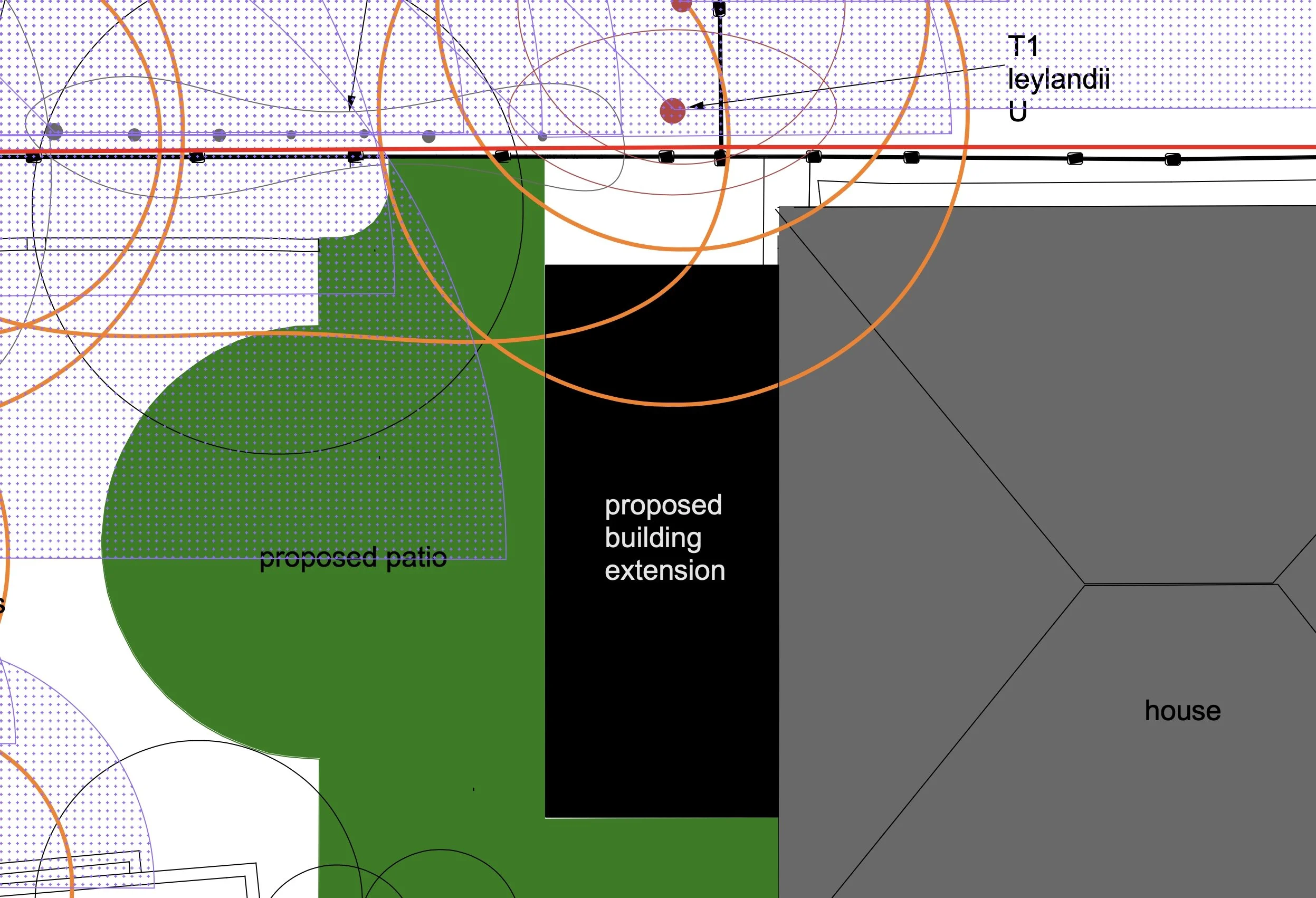 A detailed architectural or engineering plan showing proposed patio and building extension. The plan includes color-coded sections, labeled areas, and various circular and linear markings for construction details.