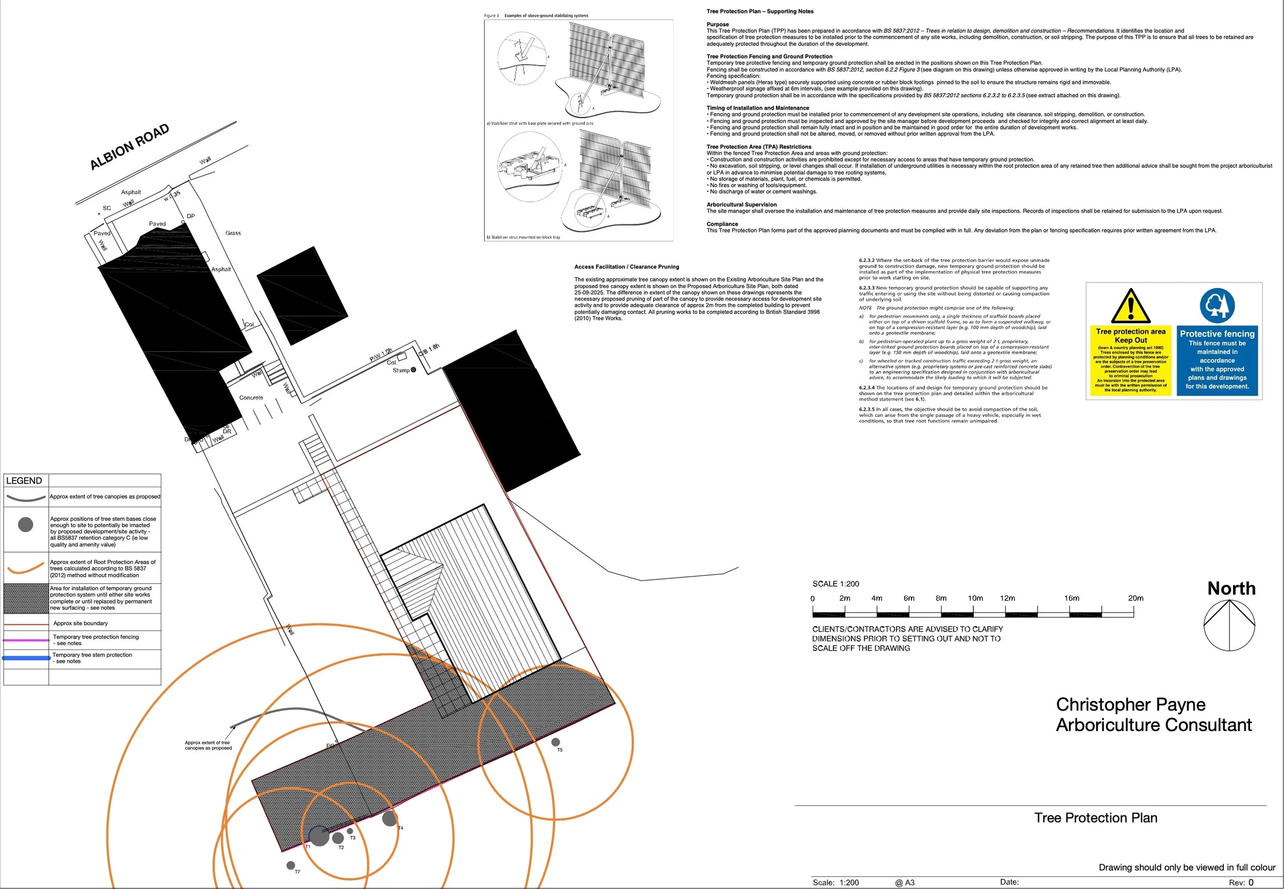 Site plan showing tree protection measures, including tree canopy extents, temporary fencing, and ground protection. Instructions for installation, maintenance, and restrictions are included, with annotations, a legend, north arrow, scale, and contact information for Christopher Payne, Arboriculture Consultant.