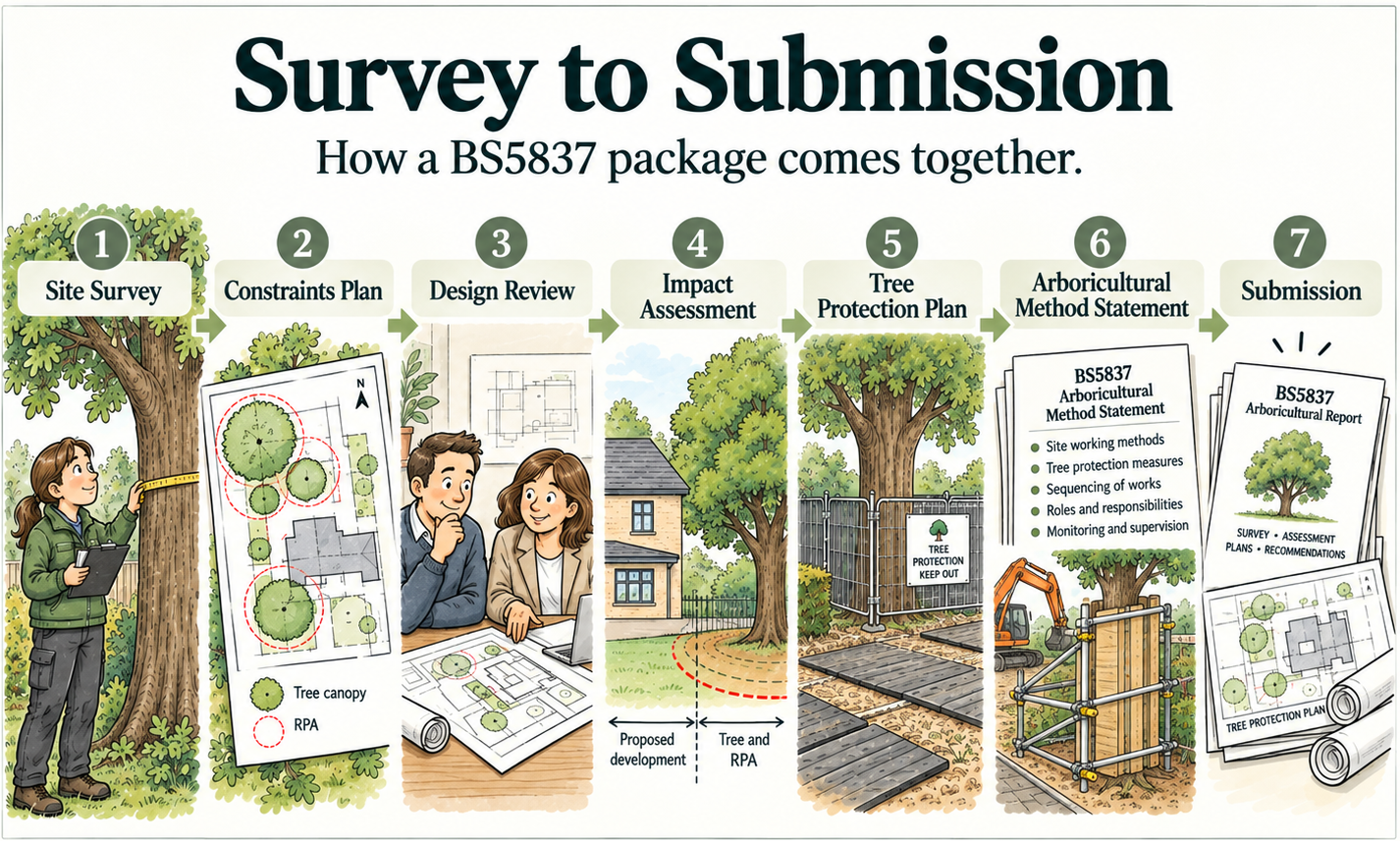 Diagram showing the steps of a survey process for tree protection, including site survey, constraints plan, design review, impact assessment, tree protection plan, arboricultural method statement, and submission, illustrated with people, trees, a house, and construction equipment.