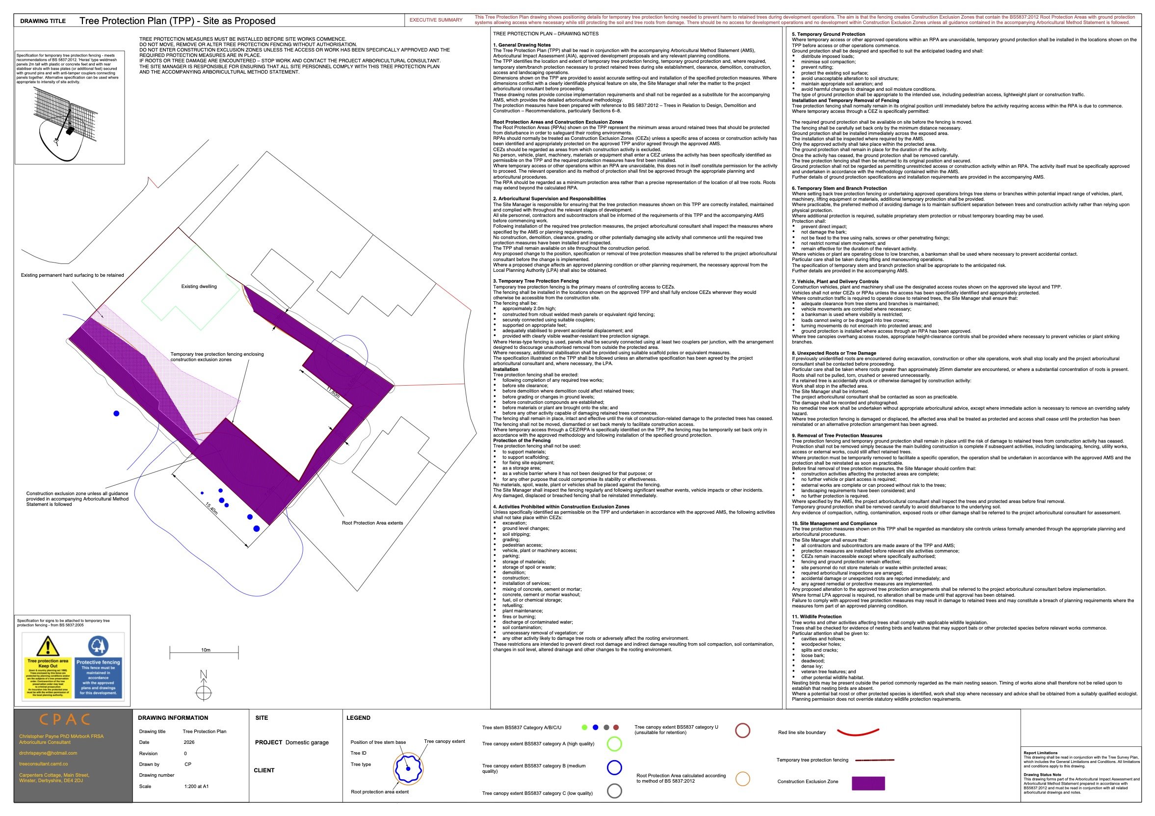 Site plan for a tree protection project showing existing dwelling, permanent hard surfacing, proposed fencing, and tree canopy extents outlined with color coding. The plan includes notes on tree protection measures, fencing, and site boundaries.