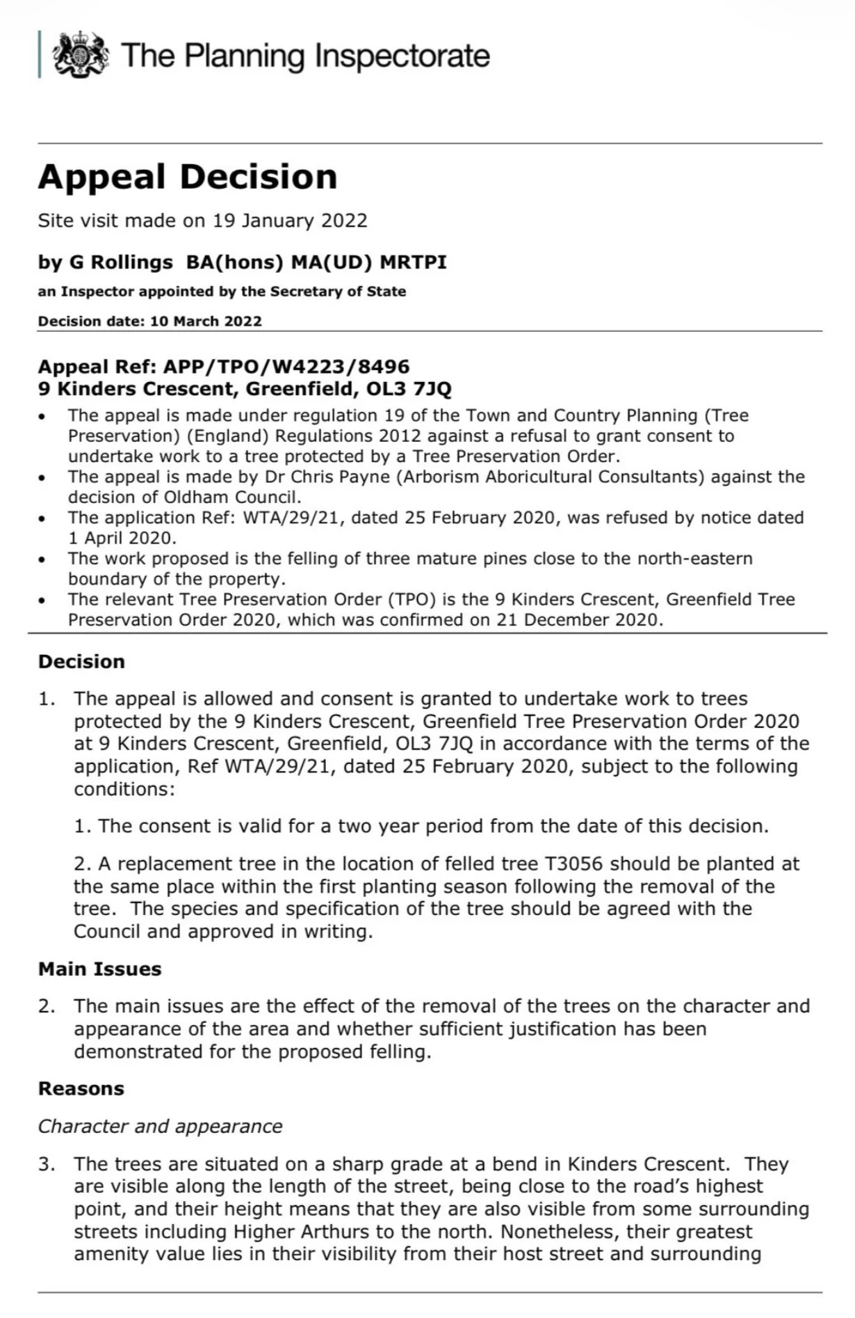 Official document from The Planning Inspectorate titled 'Appeal Decision,' regarding a site visit on January 19, 2022, about the refusal to grant consent for felling three mature pines on Kinders Crescent, Greenfield, due to Tree Preservation Order 2020.