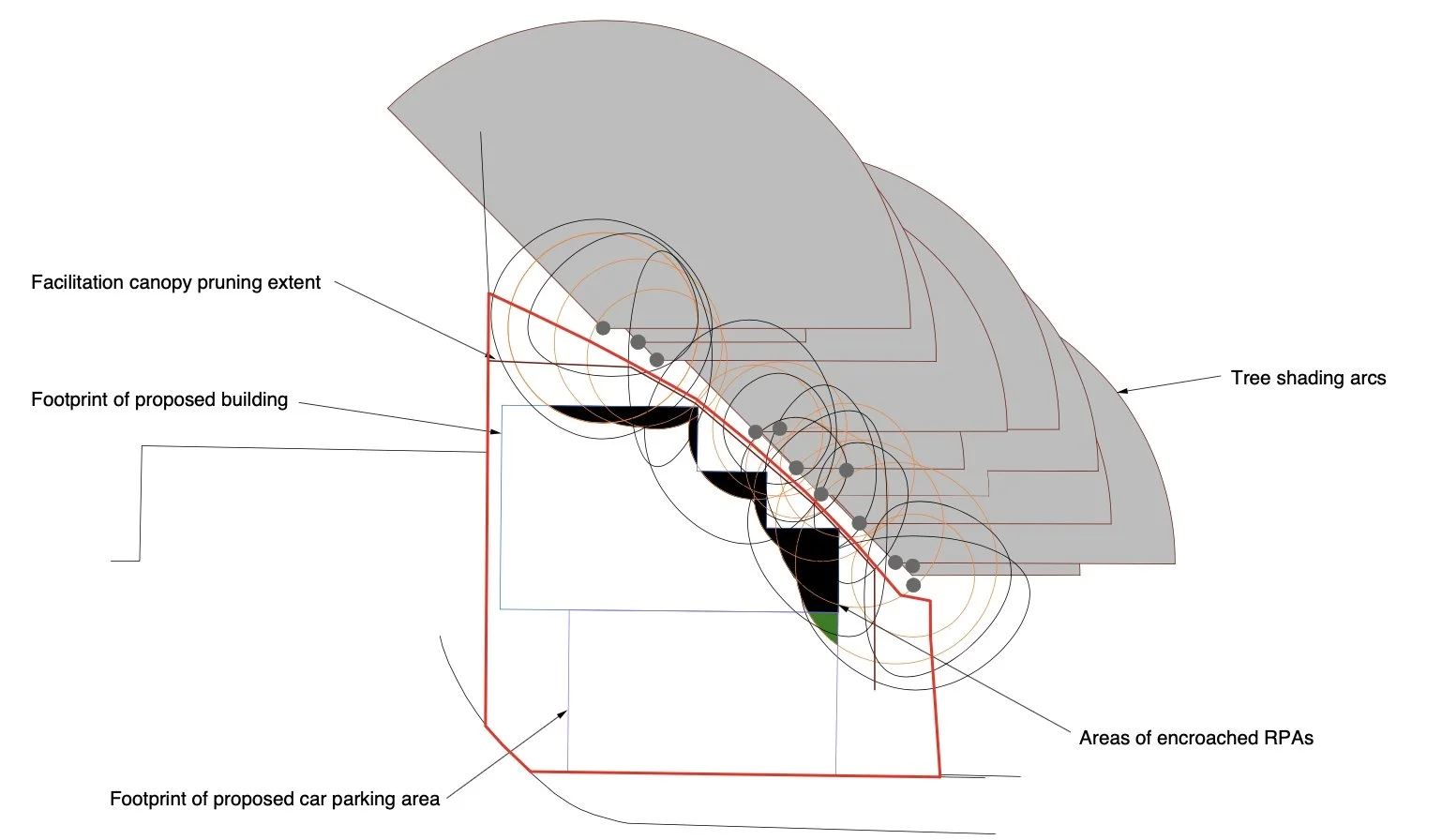 Diagram showing planning and shading layout for a building, including tree shading arcs, footprint, and canopy pruning extent.