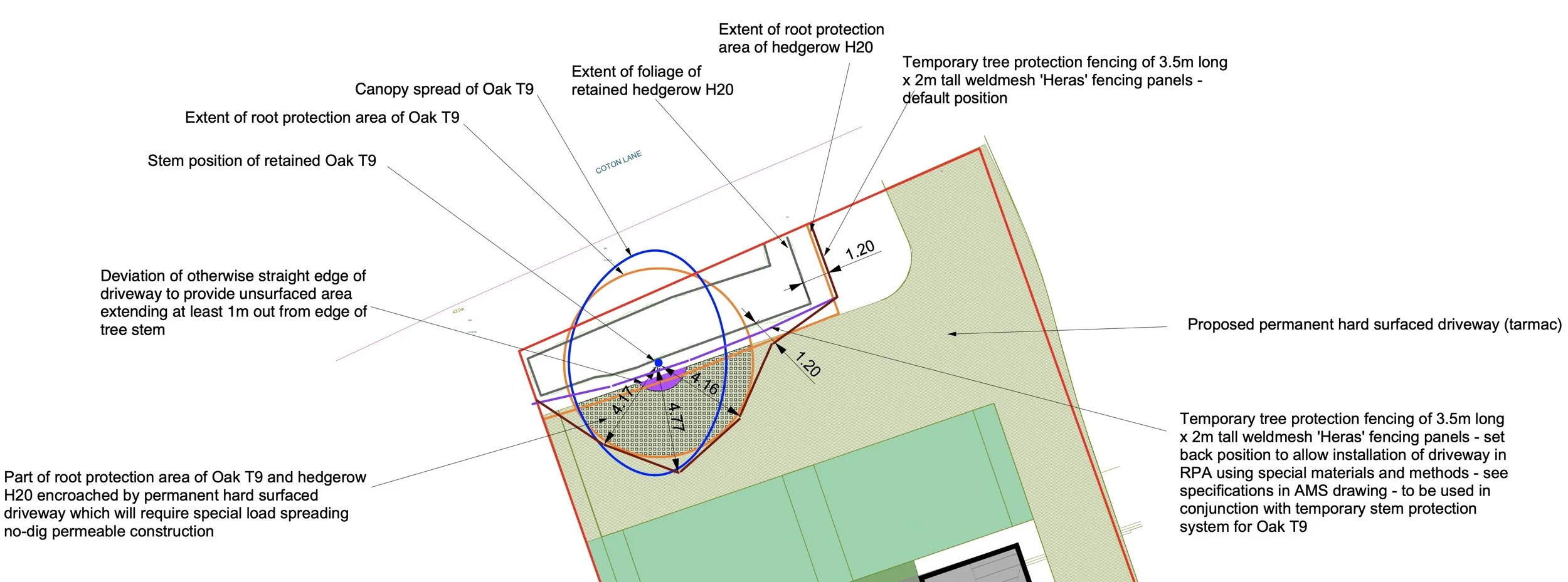 A detailed construction plan with annotations for tree protection, fencings, and driveways, including measurements and specifications.