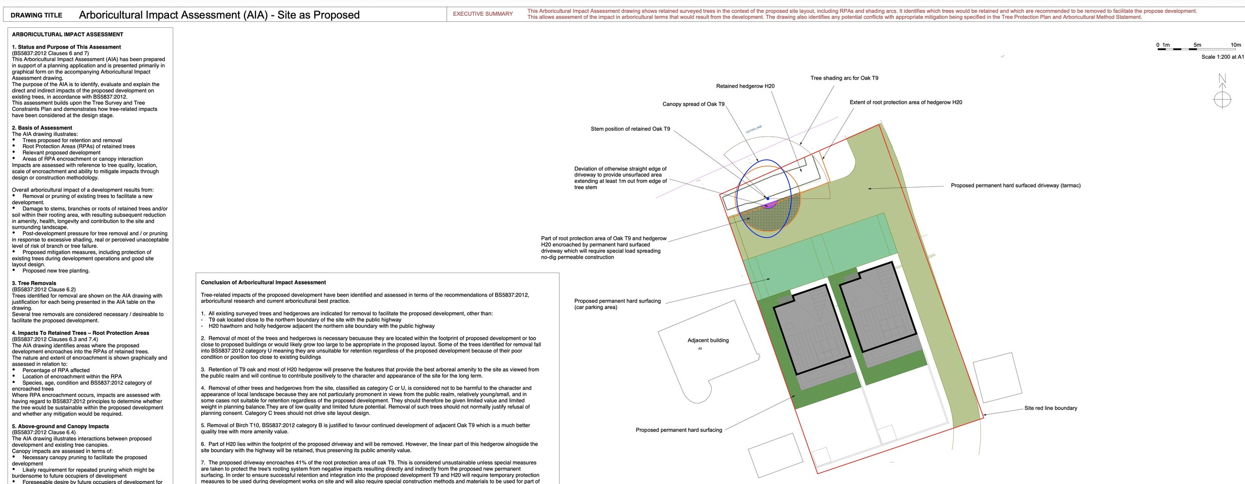Arboricultural Impact Assessment drawing showing proposed development plans including tree protection, tree removal, and construction details. Features include retained hedgerows, tree shading forT Oak T9, root protection zones, and proposed hard surface driveways and parking areas. The diagram indicates existing trees, proposed tree removals, and measures to minimize environmental impact.