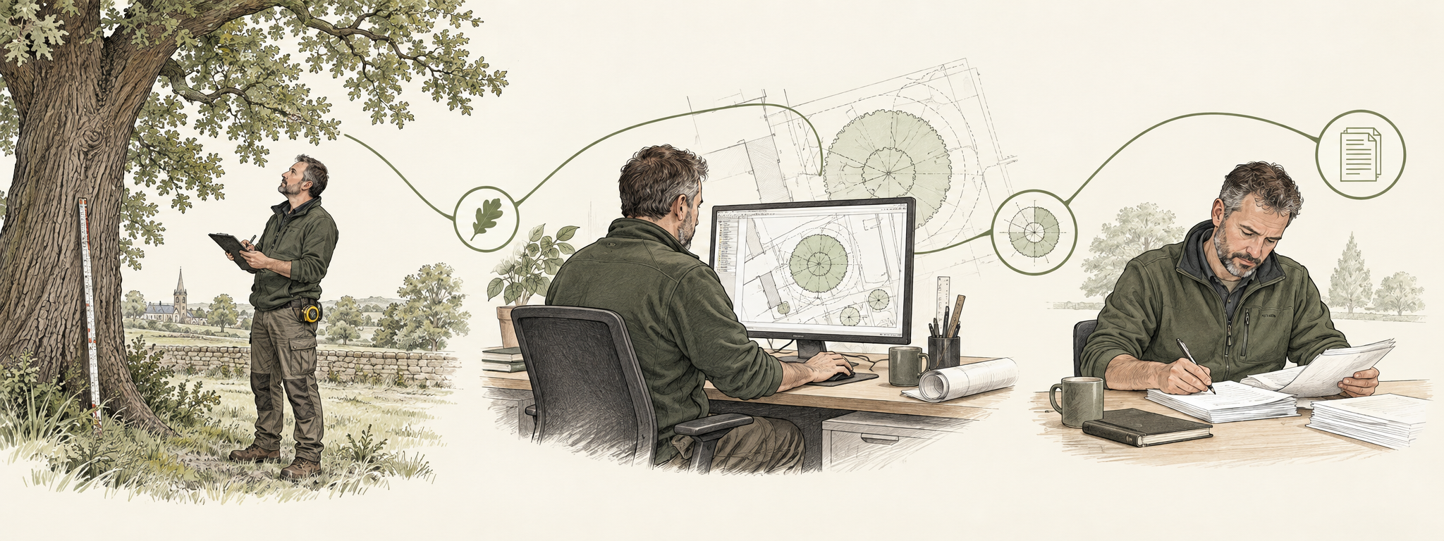 A landscape artist is working outdoors near a large tree, with a measuring stick attached to the tree. Inside, two men are working on landscaping plans; one is sitting at a desk with a computer displaying landscape design drawings, and the other is reviewing printed plans at a table with stacks of papers and coffee mugs.