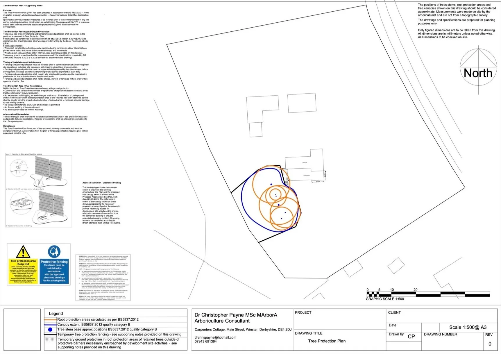 Tree protection plan drawing showing root protection areas, canopy extent, tree stem base positions, and temporary ground protection in a landscaped site with nearby buildings, titled 'Tree Protection Plan' for a project in Winster, Derbyshire.