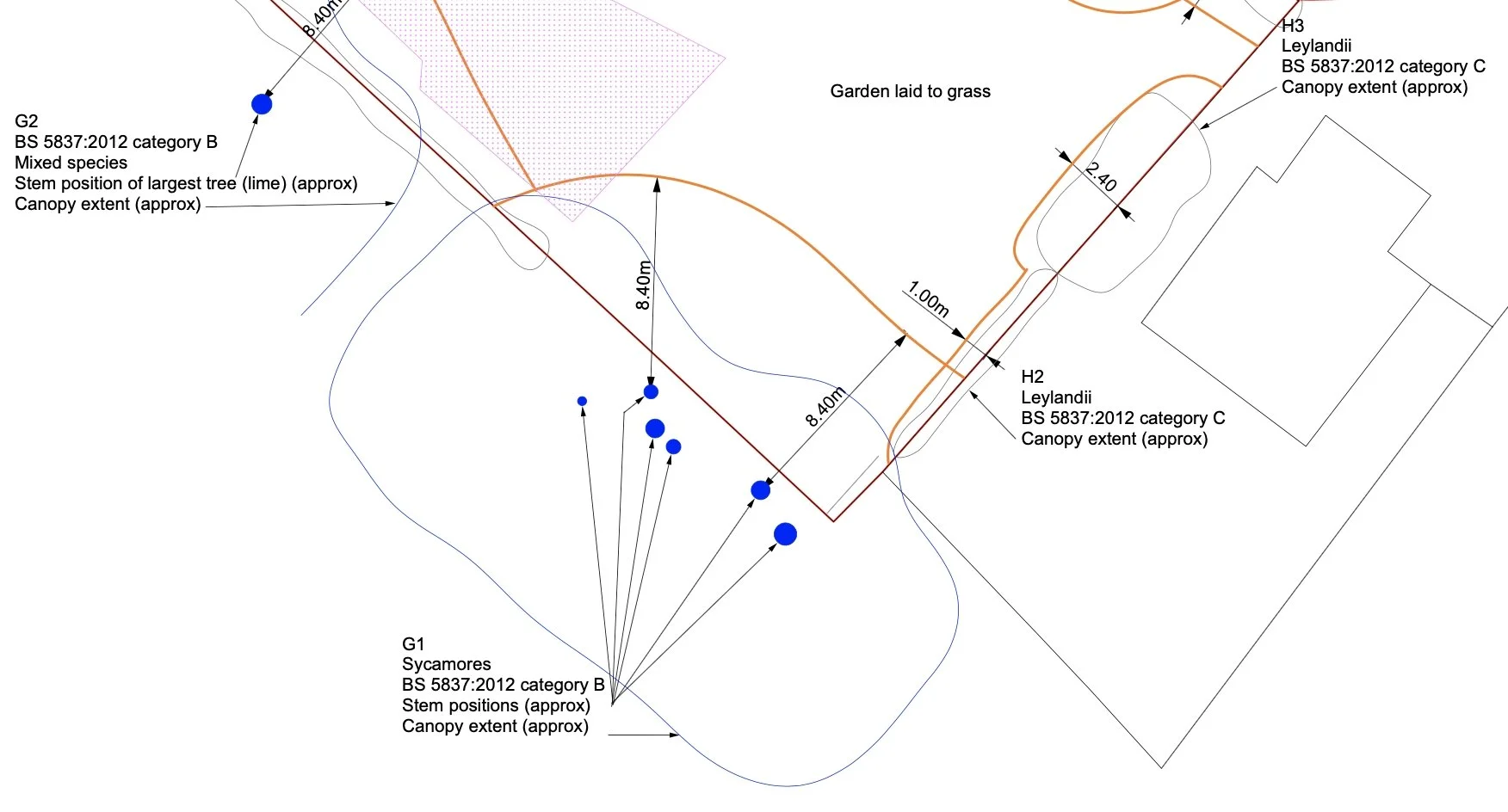 A detailed landscape plan showing areas of trees, grass, and structures with measurements and labels for different tree groups, including their species, stem positions, and canopy extents.